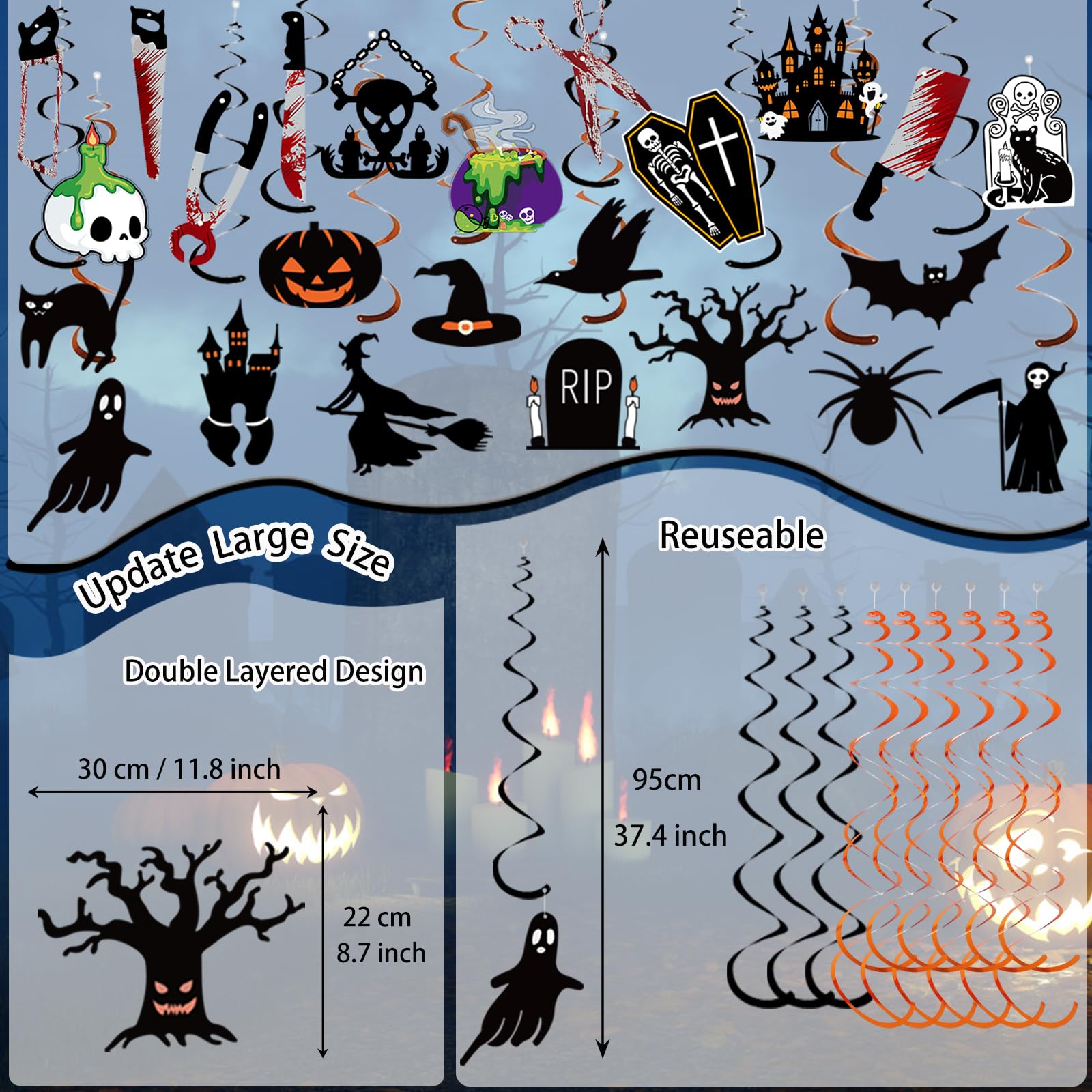 Halloween Hanging Swirl Decorations Set 🎃 – 60-Piece Indoor & Outdoor Party Kit with Ghosts, Bats & Pumpkins