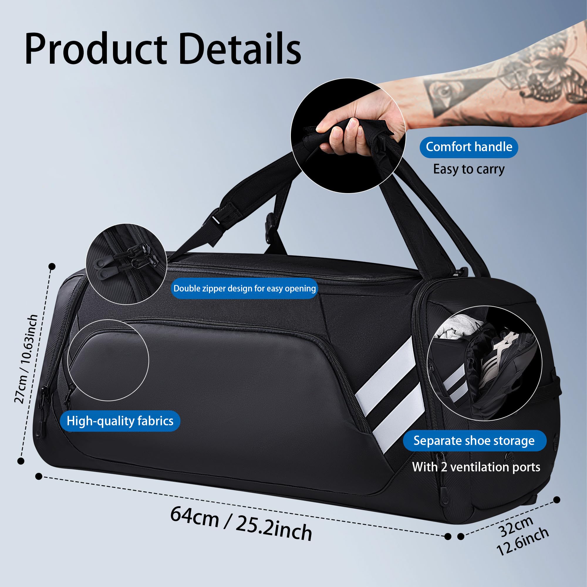 Wolfilist 58L Large Gym & Travel Duffle Bag with Shoe Compartment and Wet Pocket – Waterproof Sports Bag (Black)