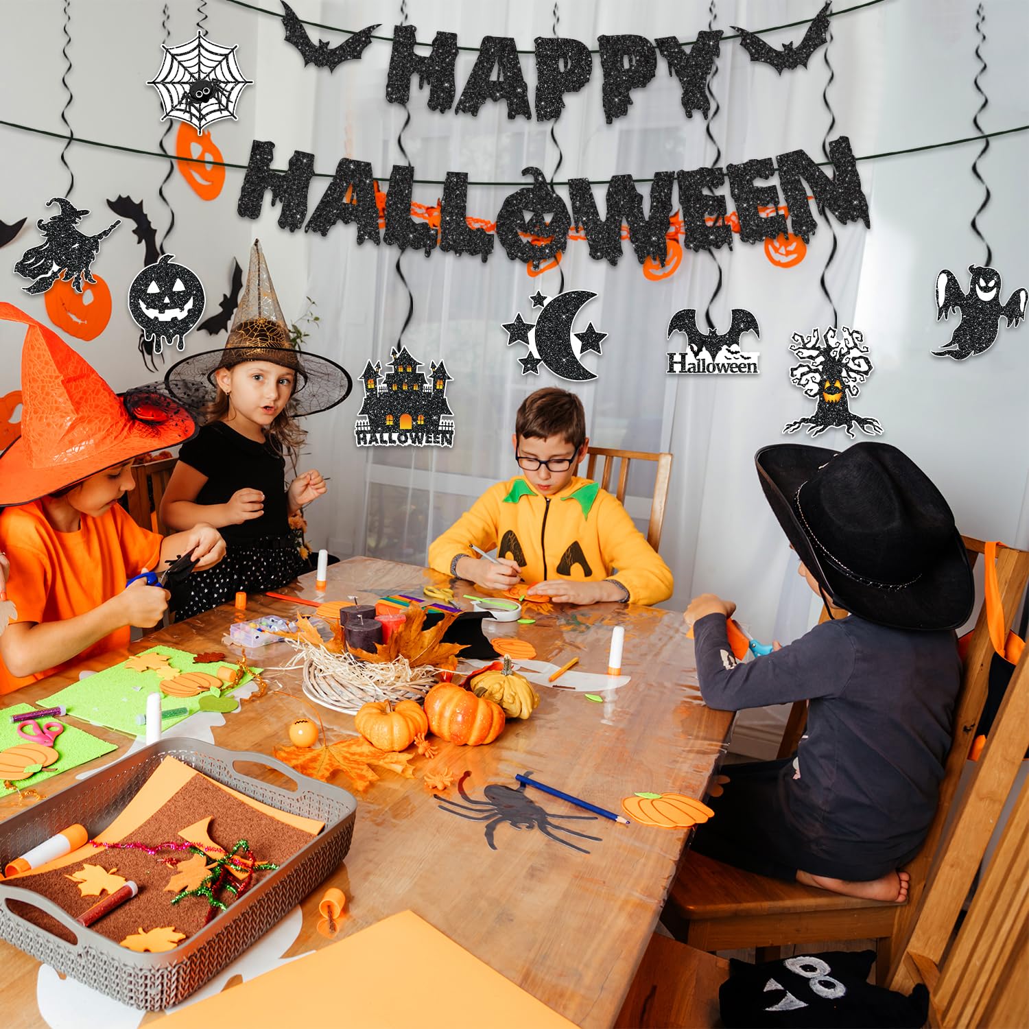 Happy Halloween Banner & Hanging Swirl Set – 17PCS Black & Orange Ceiling Decorations with Glitter Foil
