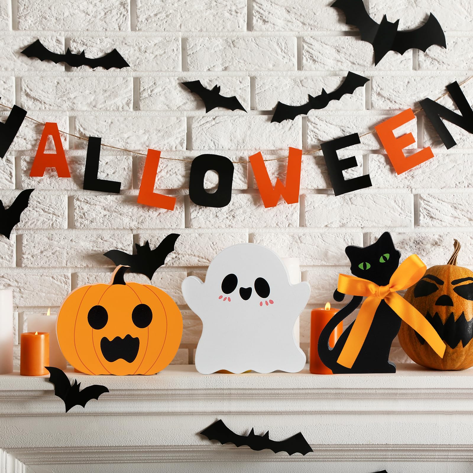 Wooden Halloween Tiered Tray Decor Set – Pumpkin, Ghost & Black Cat Signs (3 Pieces)
