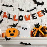 Wooden Halloween Tiered Tray Decor Set – Pumpkin, Ghost & Black Cat Signs (3 Pieces)
