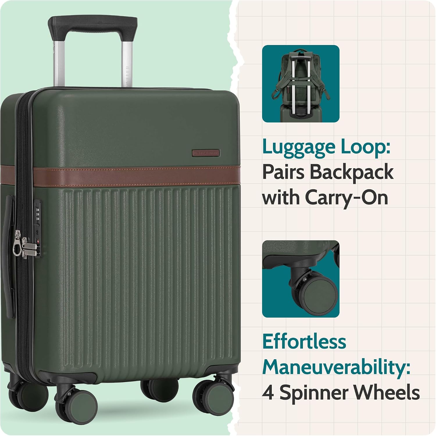 Green 3-Piece Carry-On Luggage Set with Backpack & Toiletry Bag