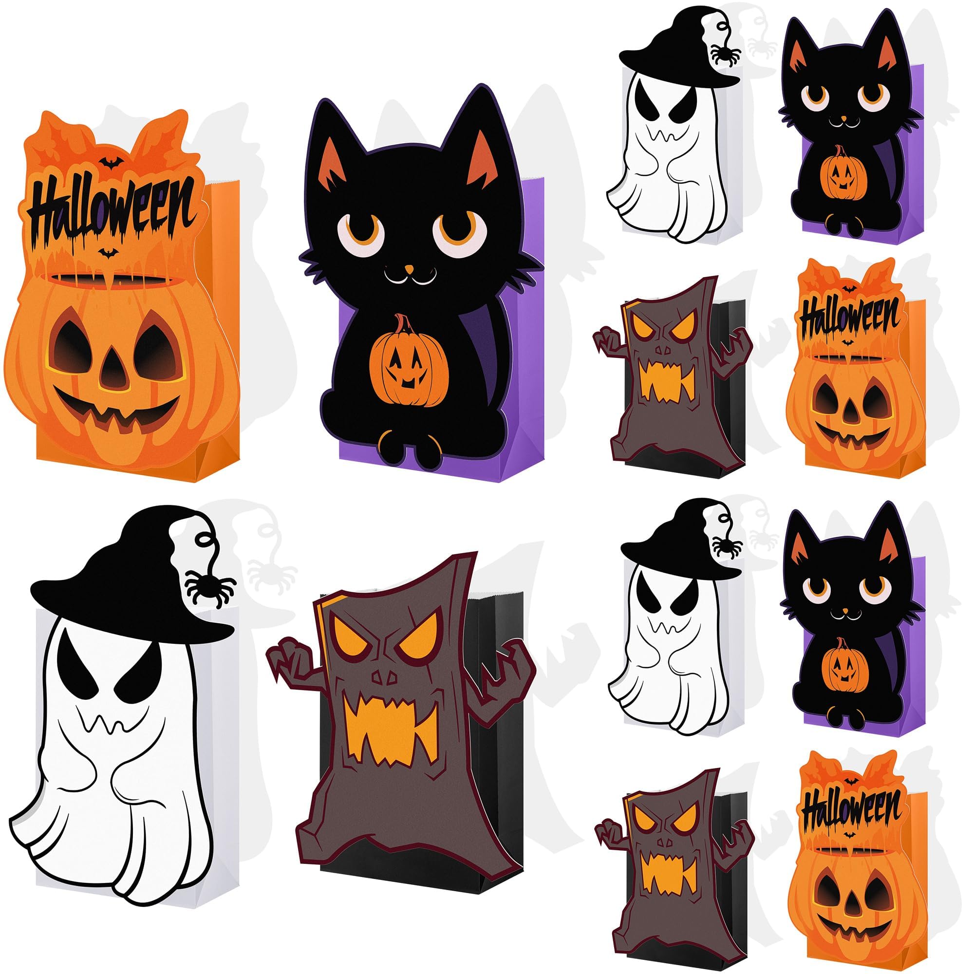 MIMIND 12 Pieces Halloween Party Favor Bags Gift Bags Pumpkin Ghost Black Cat, Stump of Oak Tree Halloween Treat Goodie Bag for Trick or Treat, Holiday Birthday Party Favors