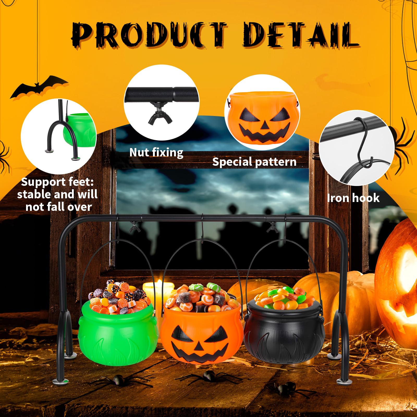 3-Tier Halloween Witch Cauldron Candy Server – Black Iron Stand with 3 Plastic Cauldron Bowls