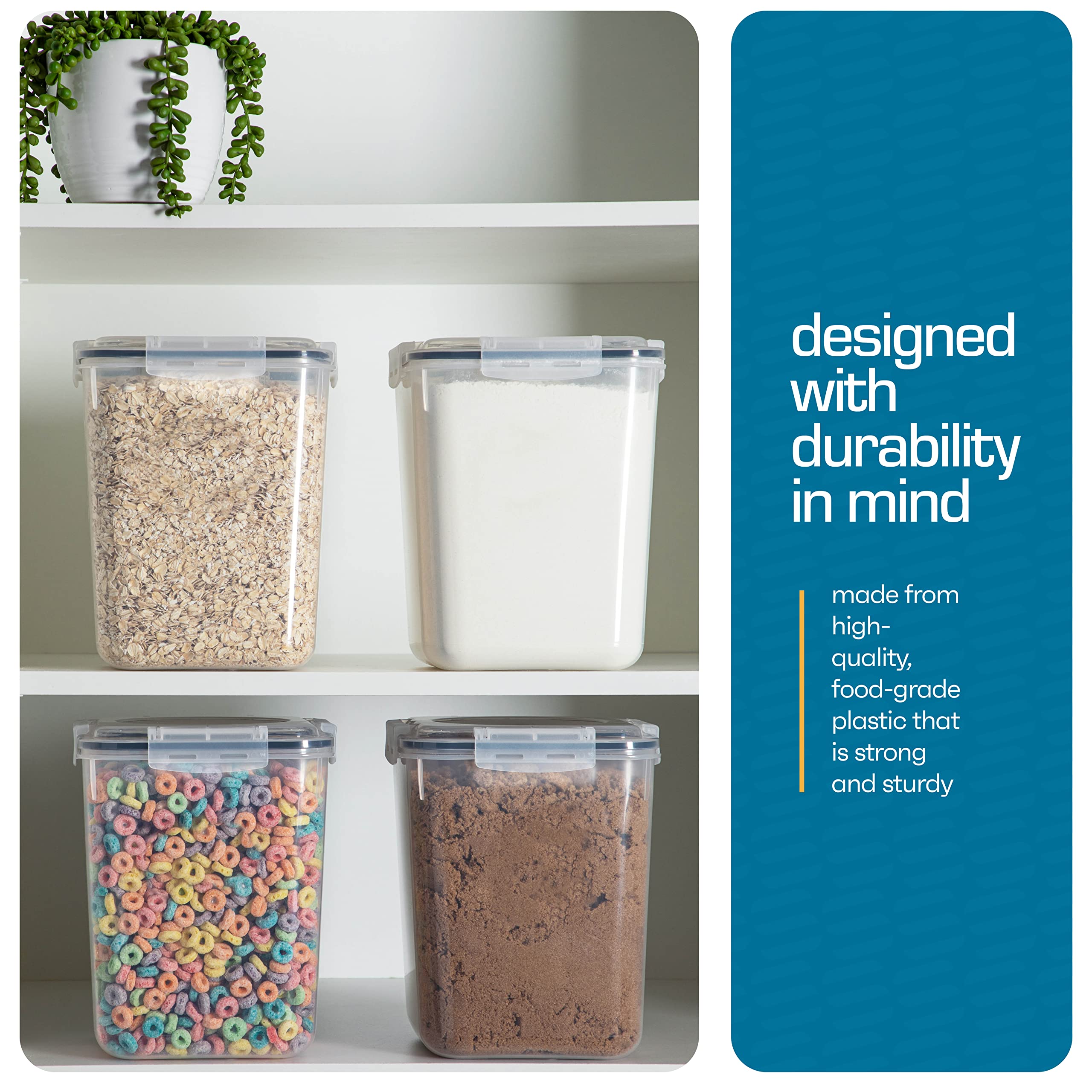 Large Airtight Rice Storage Containers Set – 4 Square 5.3L Pantry Canisters with Measuring Scoops & Labels