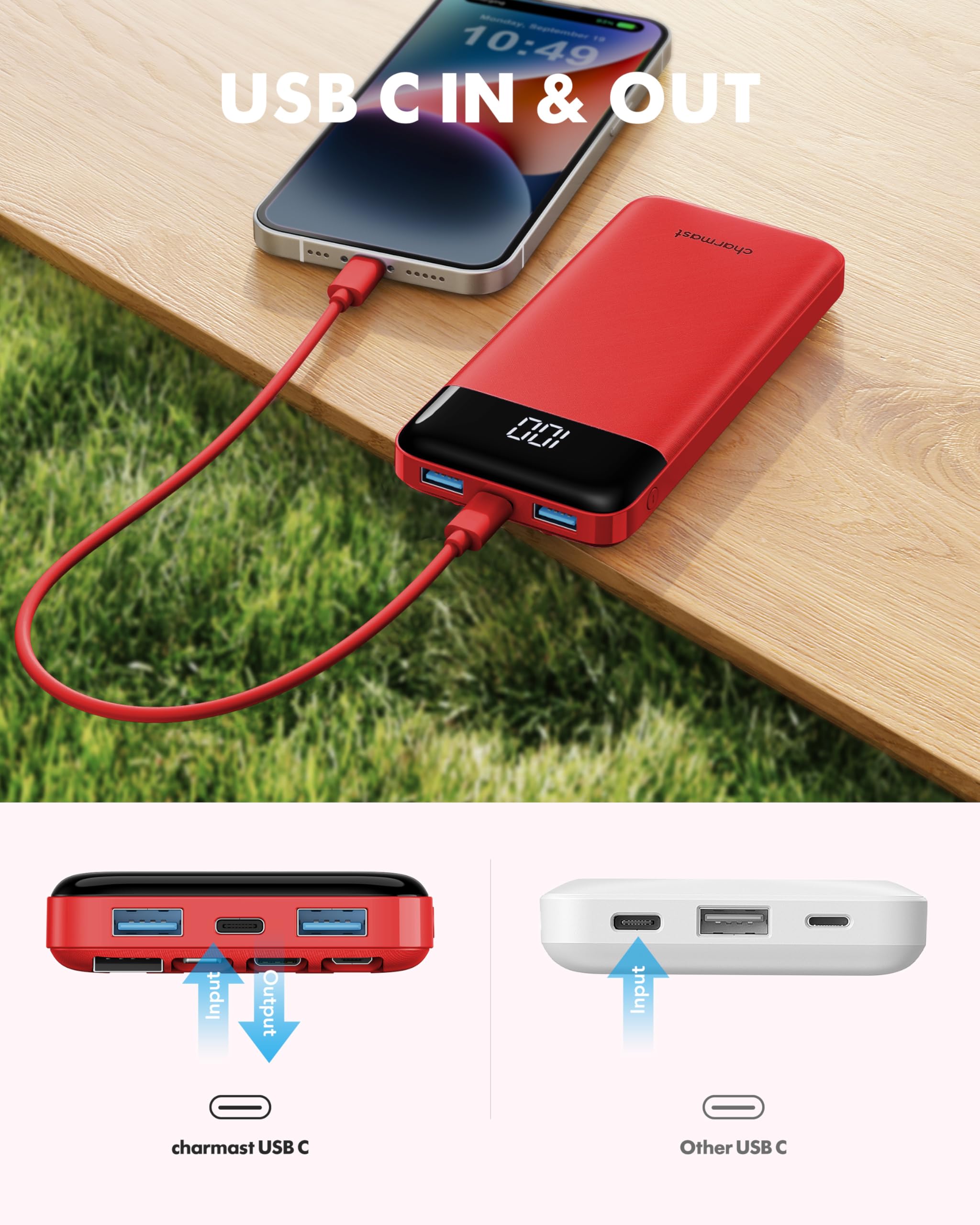 10000mAh Slim Power Bank with Built-in Cables – Portable Charger for iPhone, Samsung, Android & Tablets (Charge Up to 6 Devices)