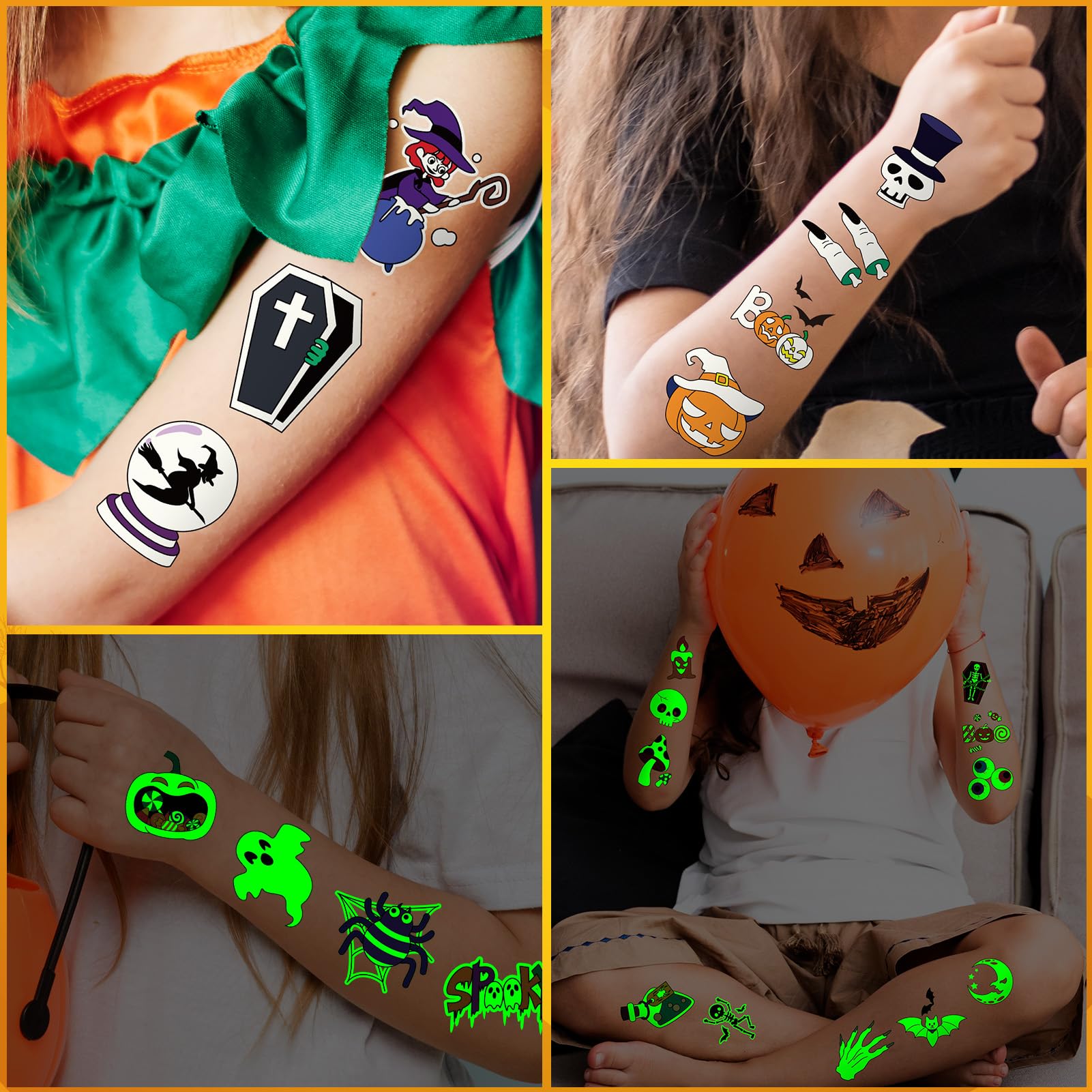 Halloween Glow Tattoos for Kids – 204 Count with Mystery Prize Box (Colorful Design)