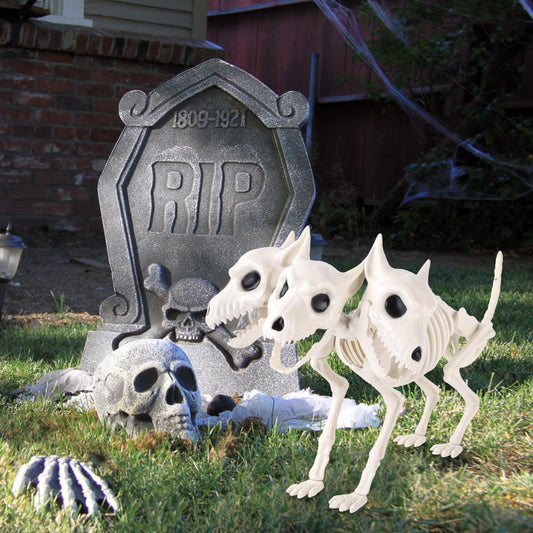 JOICEE 12’’ Halloween Dog Skeleton, Three-Headed Spooky Realistic Halloween Puppy Dog Skeleton Statue Prop for Scary Props Party Decoration