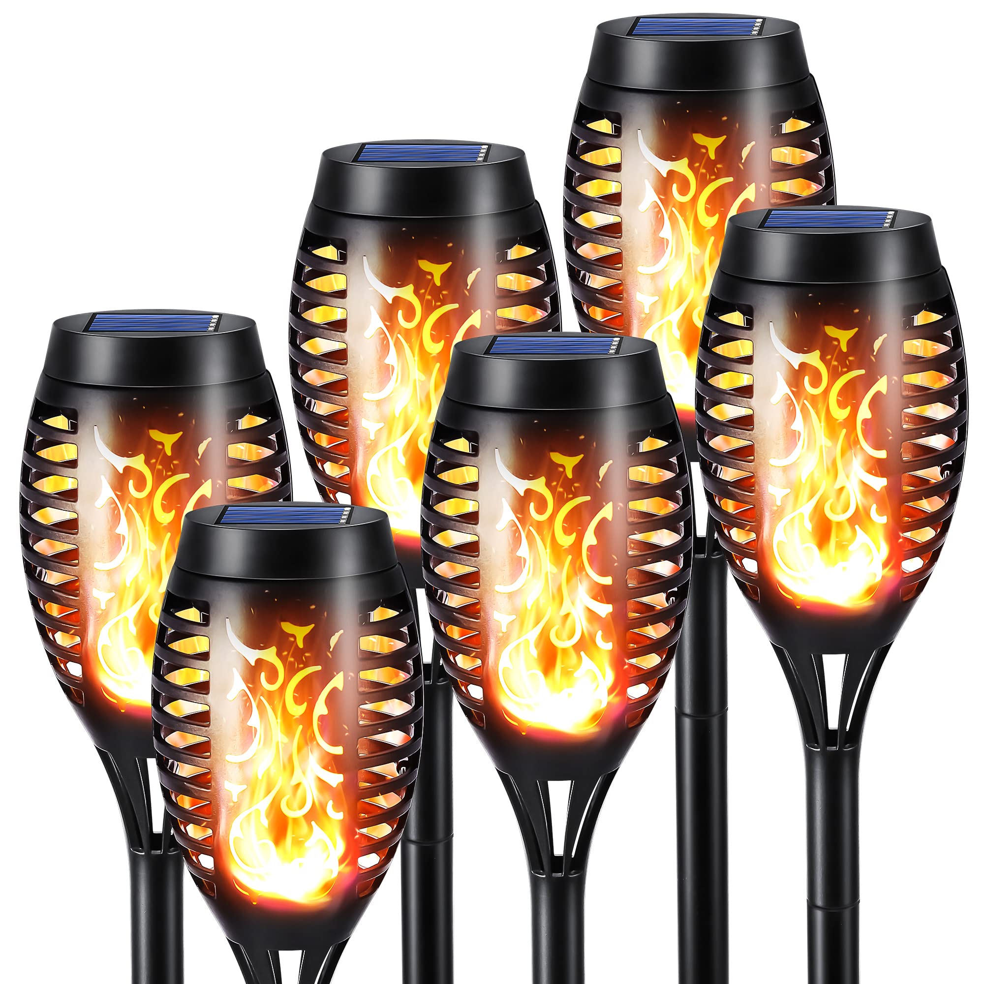 6-Pack Solar Flickering Flame Lights – Waterproof IP65 Warm White Outdoor Torch Lamps for Garden, Pathway & Halloween Decor
