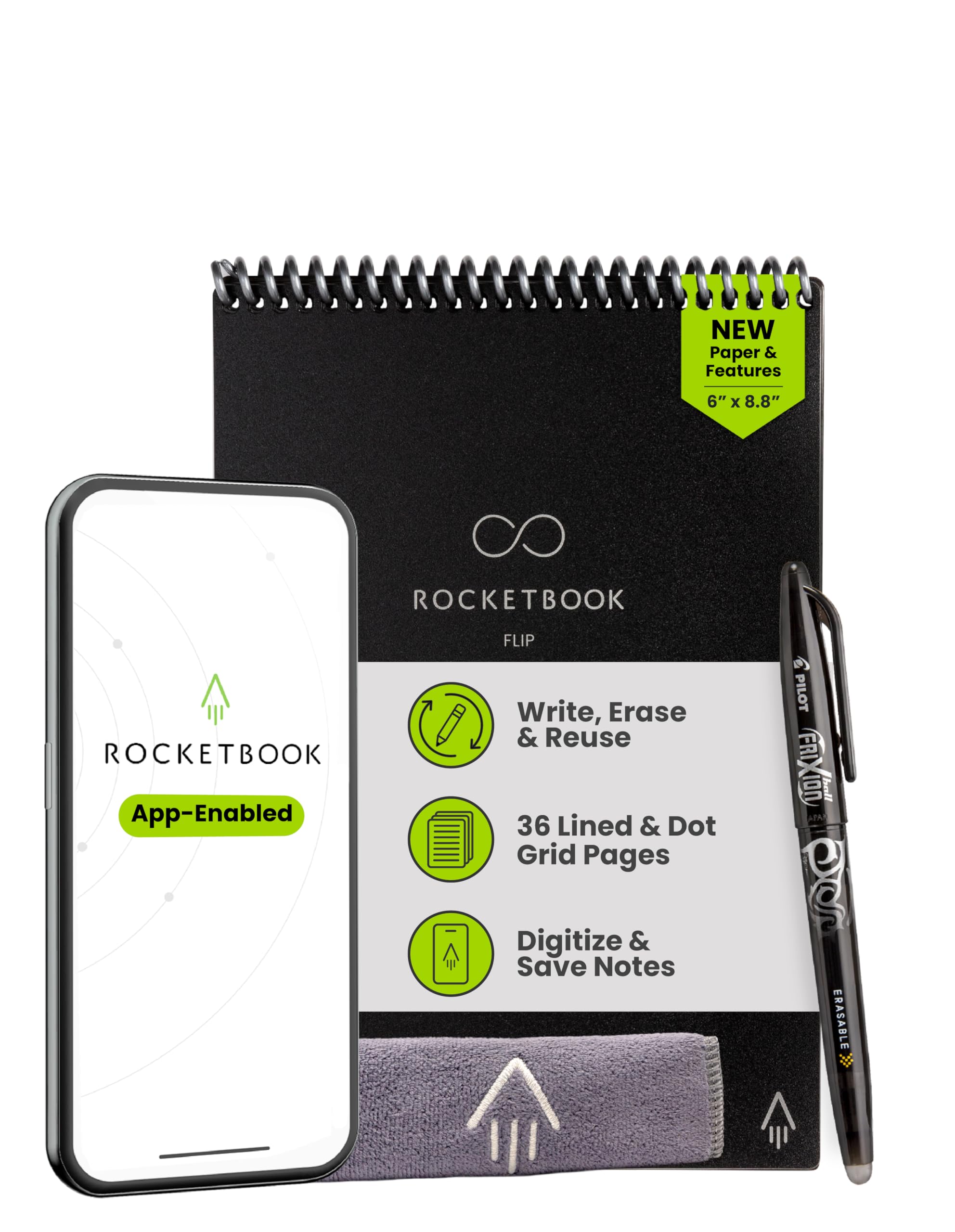 Rocketbook Flip Reusable Legal Pad Notebook – Top-Bound Spiral Smart Cloud Notepad with Lined & Dot Grid Pages (Black)