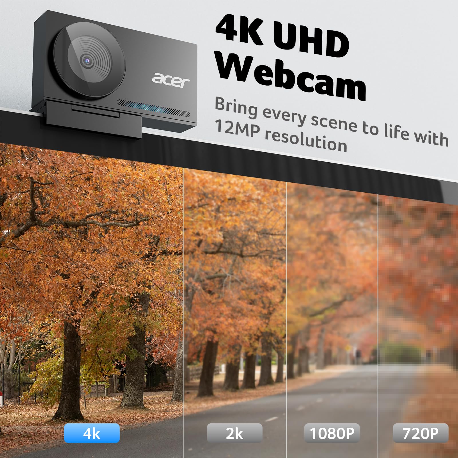 Acer 4K Ultra HD Webcam – All-Metal Unibody, Sony Sensor, PDAF Autofocus & Magnetic Privacy Cover (Black)