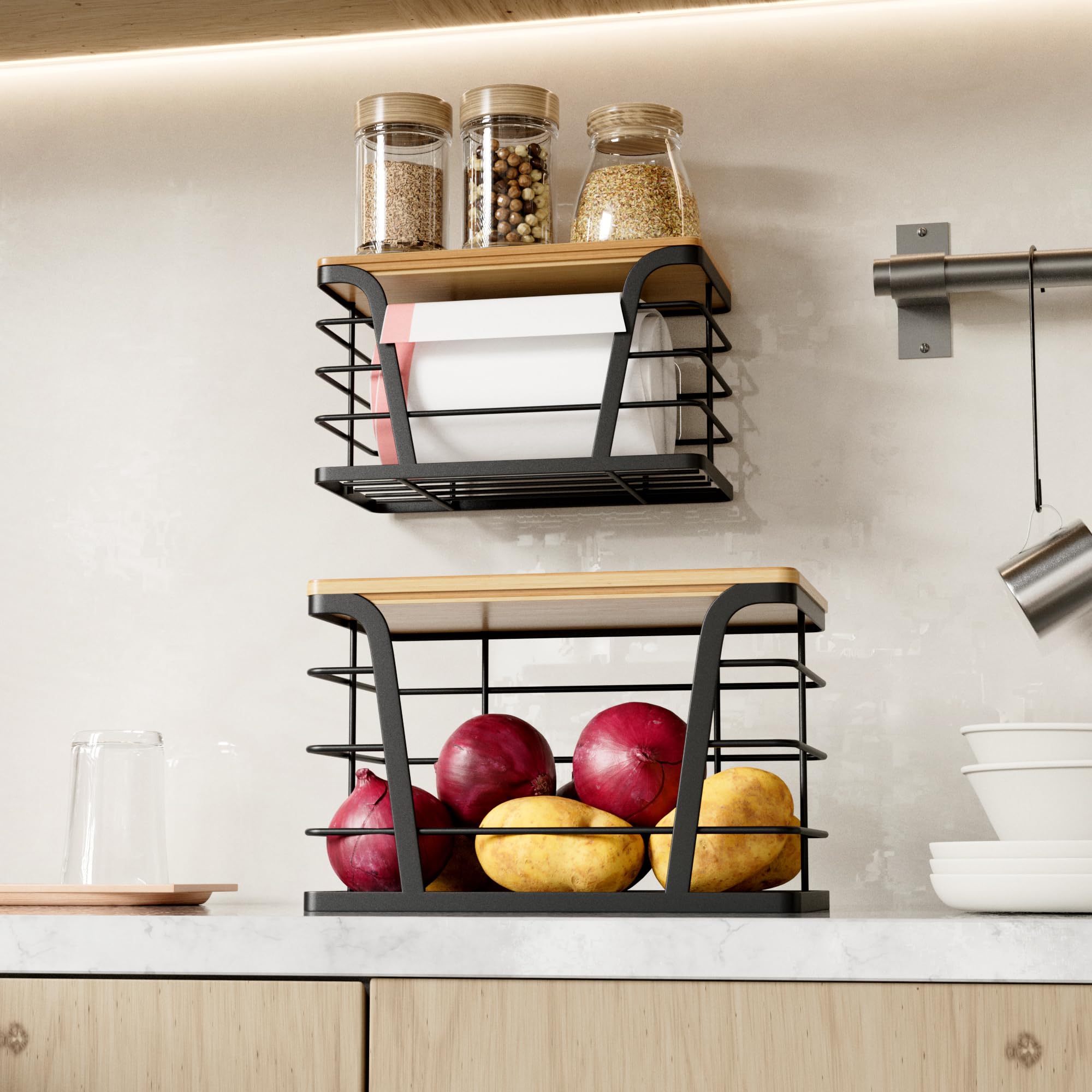 Trash Bag Organizer Dispenser Set (2-Pack) – Stackable Wall-Mount Storage with Bamboo Top for Kitchen, Pantry & Laundry