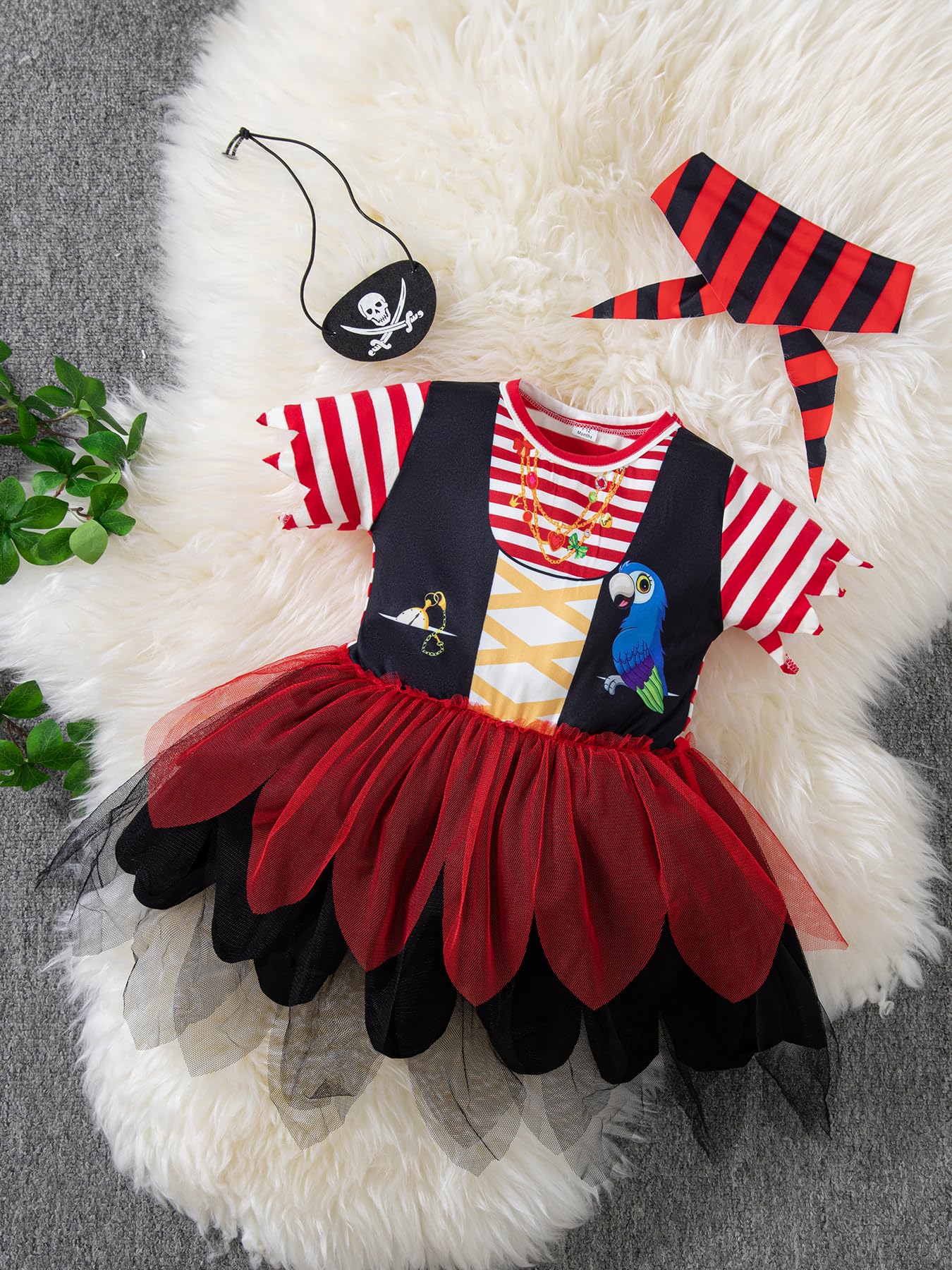 Mommy’s New Man Pirate Costume – Adorable Toddler & Baby Girl Buccaneer Tutu Dress with Head Scarf and Eye Mask (Red)