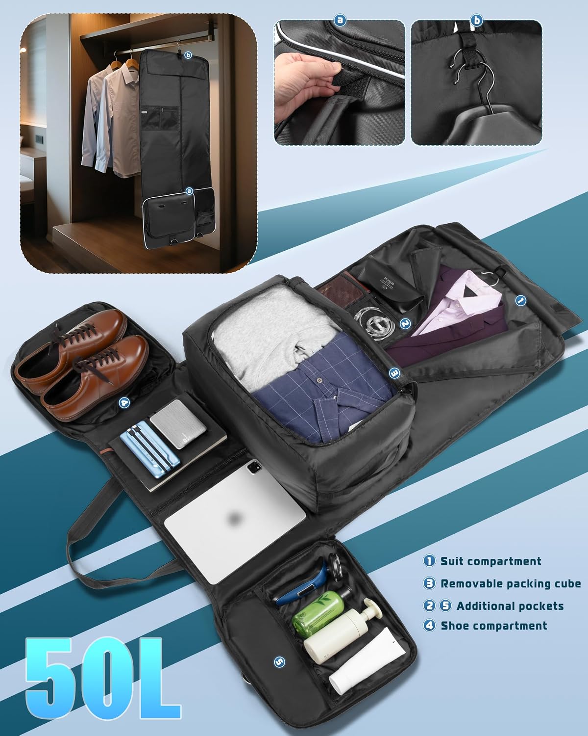 50L Convertible Garment Duffel Backpack with Shoe Compartment