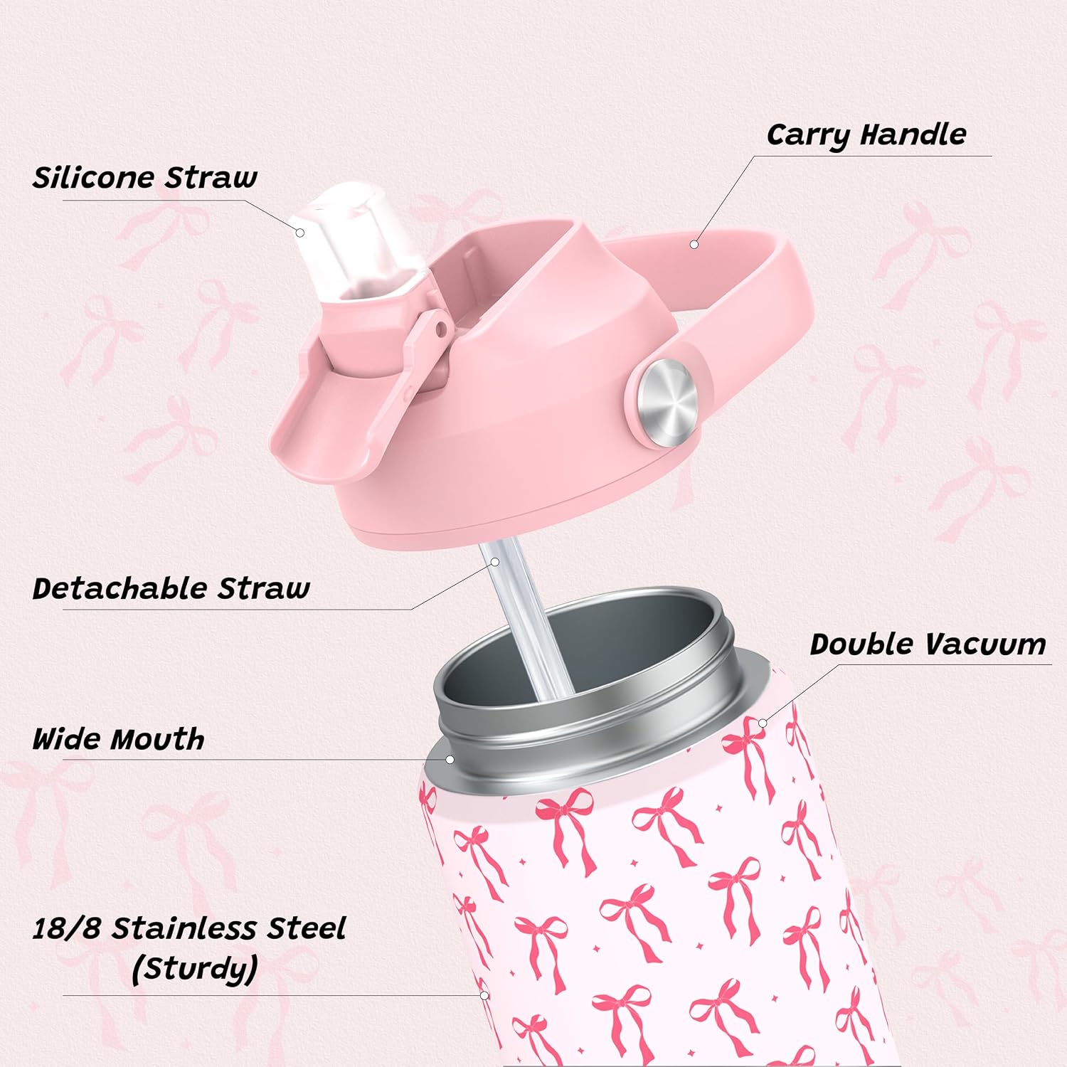 Girls Bow Water Bottle for School，Kids 18 oz Insulated Stainless Steel Cup with Straw, Double-Wall Vacuum Leakproof