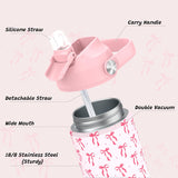 Girls Bow Water Bottle for School，Kids 18 oz Insulated Stainless Steel Cup with Straw, Double-Wall Vacuum Leakproof