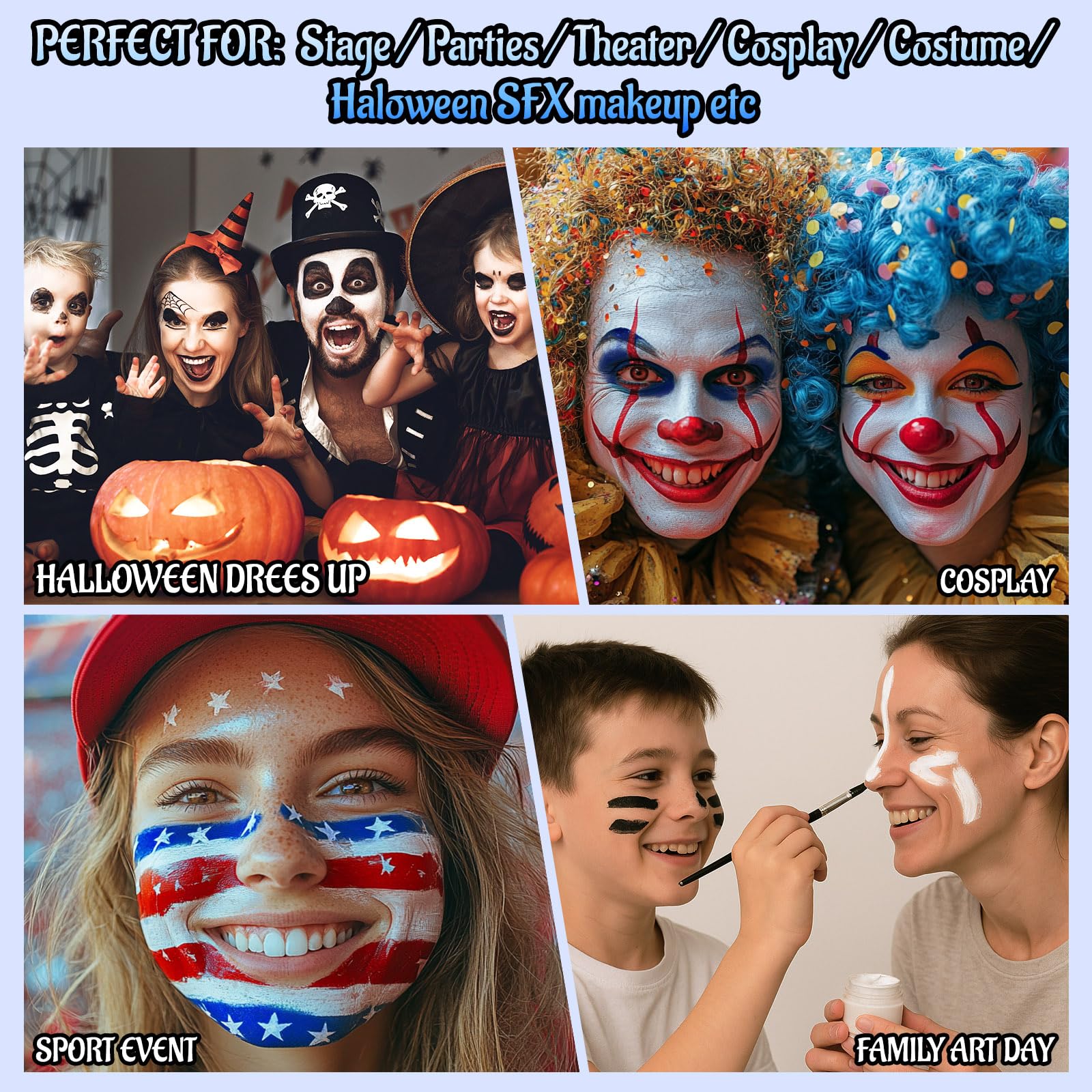 Red White Blue Face Body Paint with Applicator, Face Painting Kit for Halloween Crazy Clown Costume Makeup, US Flag Color 4th of July Independence Day America’s Patriotic Parades & Sports Eye Black