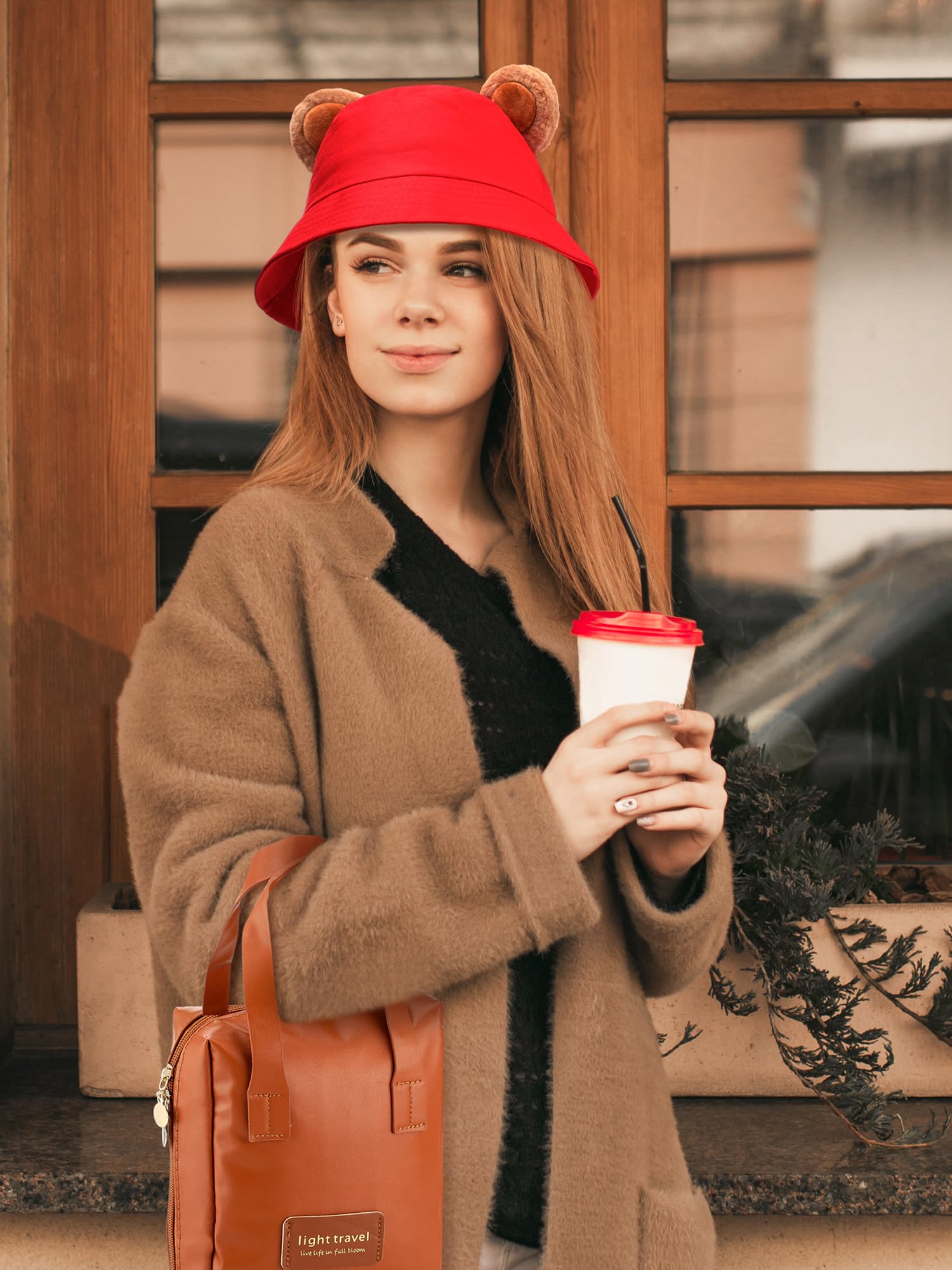 Bear Costume Accessories Set – Red Bucket Hat with Ears & Brown Makeup Bag for Halloween & Travel Fun 🐻❤️