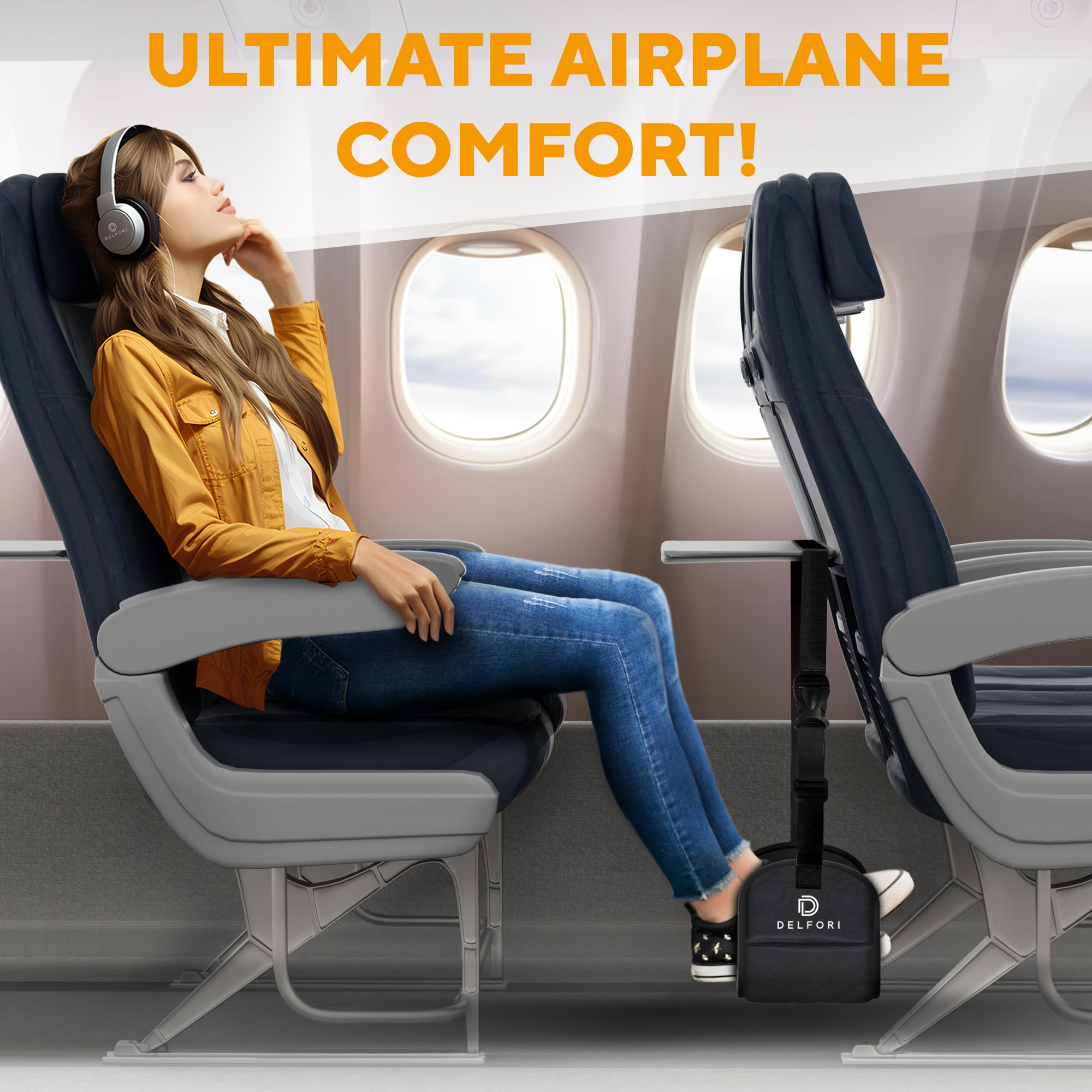 Memory Foam Airplane Foot Rest Hammock – Adjustable Travel Foot Sling with Carry Case for Long Flights & Travel Comfort (Black)
