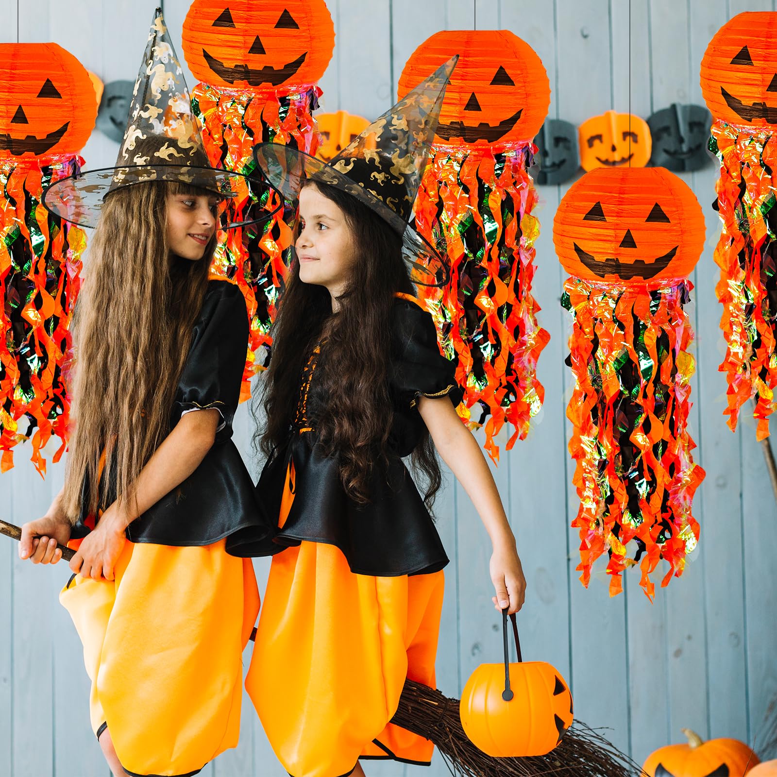 Halloween Pumpkin Paper Lantern Set – 5 Pack Orange & Black Hanging Party Decorations with Tassel Ribbons (Jellyfish Design)