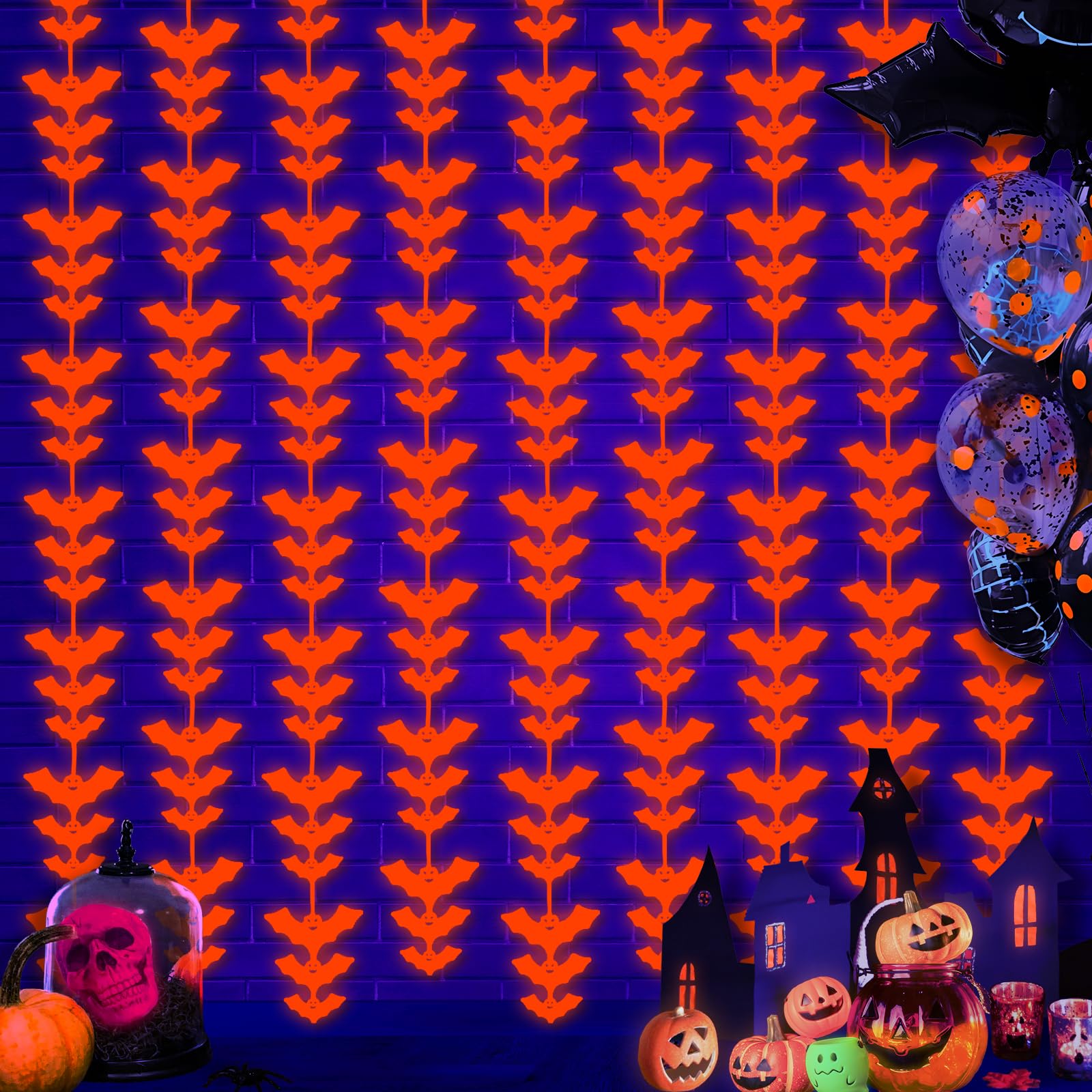 Halloween Glow in the Dark Bat Foil Fringe Curtains – 2 Pack Fluorescent Orange Tinsel Backdrop for Neon Party & Photo Booth (3.3x6.6ft)