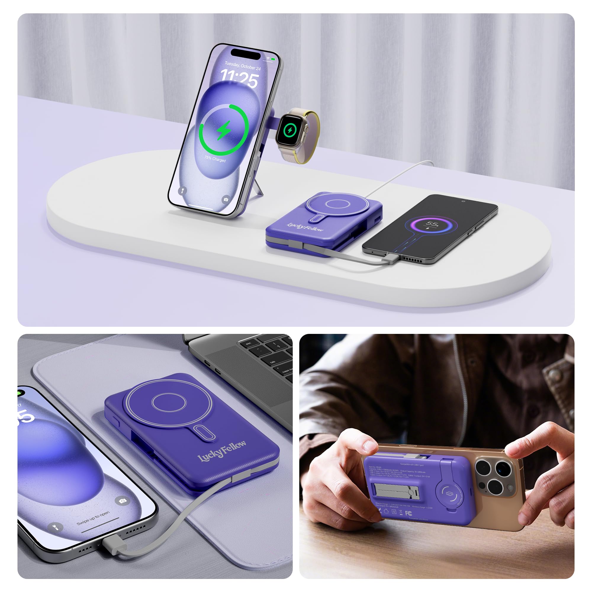 Magnetic Wireless Power Bank 10,000mAh – Slim All-in-One Charger with Built-In Cables & Stand (Dark Blue)