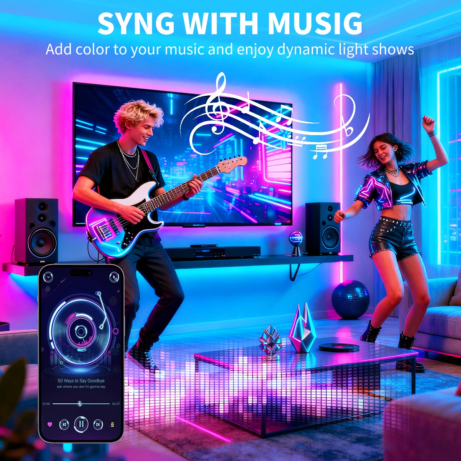 Smart RGB LED Strip Lights with Music Sync, App & Remote Control – 16 Million Colors (Indoor Use)