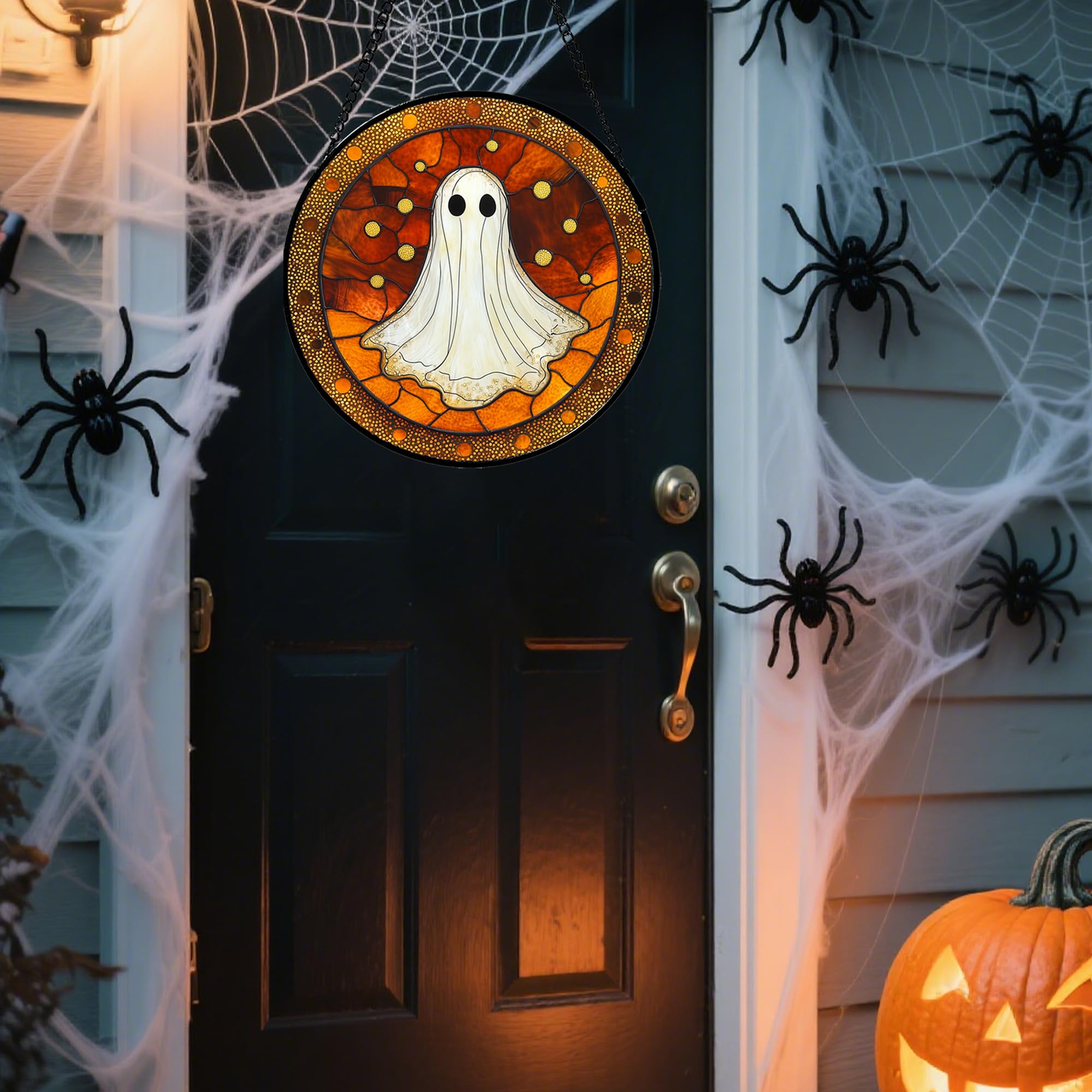 Halloween Stained Glass Window Hanging 🎃 – White Ghost Suncatcher with Pumpkins & Bats
