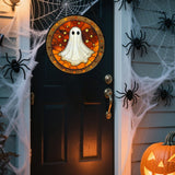 Halloween Stained Glass Window Hanging 🎃 – White Ghost Suncatcher with Pumpkins & Bats