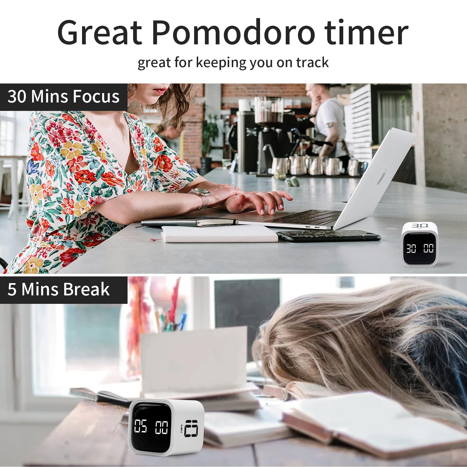 Productivity Timer Cube with Flip Control, Custom Countdown & Count-Up, Silent Vibration Desk Timer for Work, Study & Kitchen – White