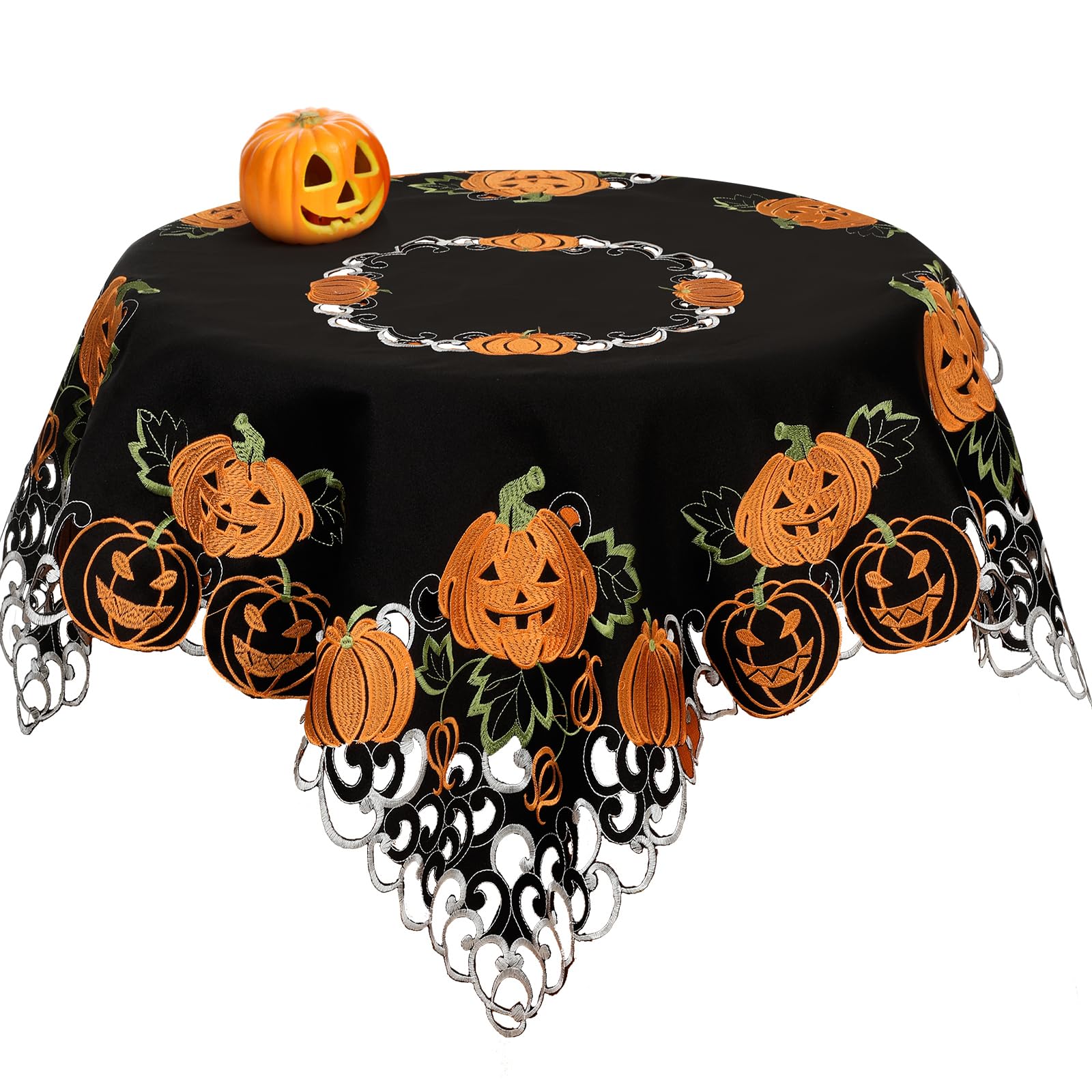 Halloween Pumpkin Embroidered Tablecloth – Square 33.8" x 33.8" Black & Orange Polyester
