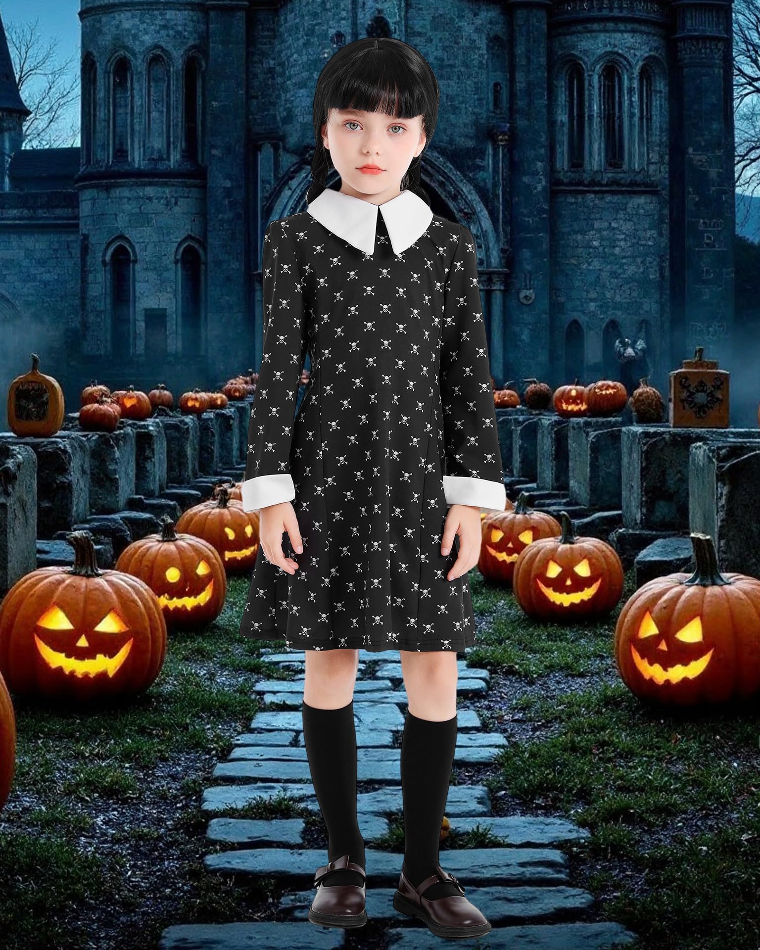 Girls Black Halloween Costume Set – Skull Print Dress, Necklace, Hairpin & Socks (Kids Princess Cosplay)