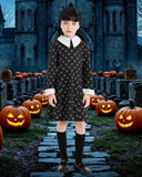 Girls Black Halloween Costume Set – Skull Print Dress, Necklace, Hairpin & Socks (Kids Princess Cosplay)