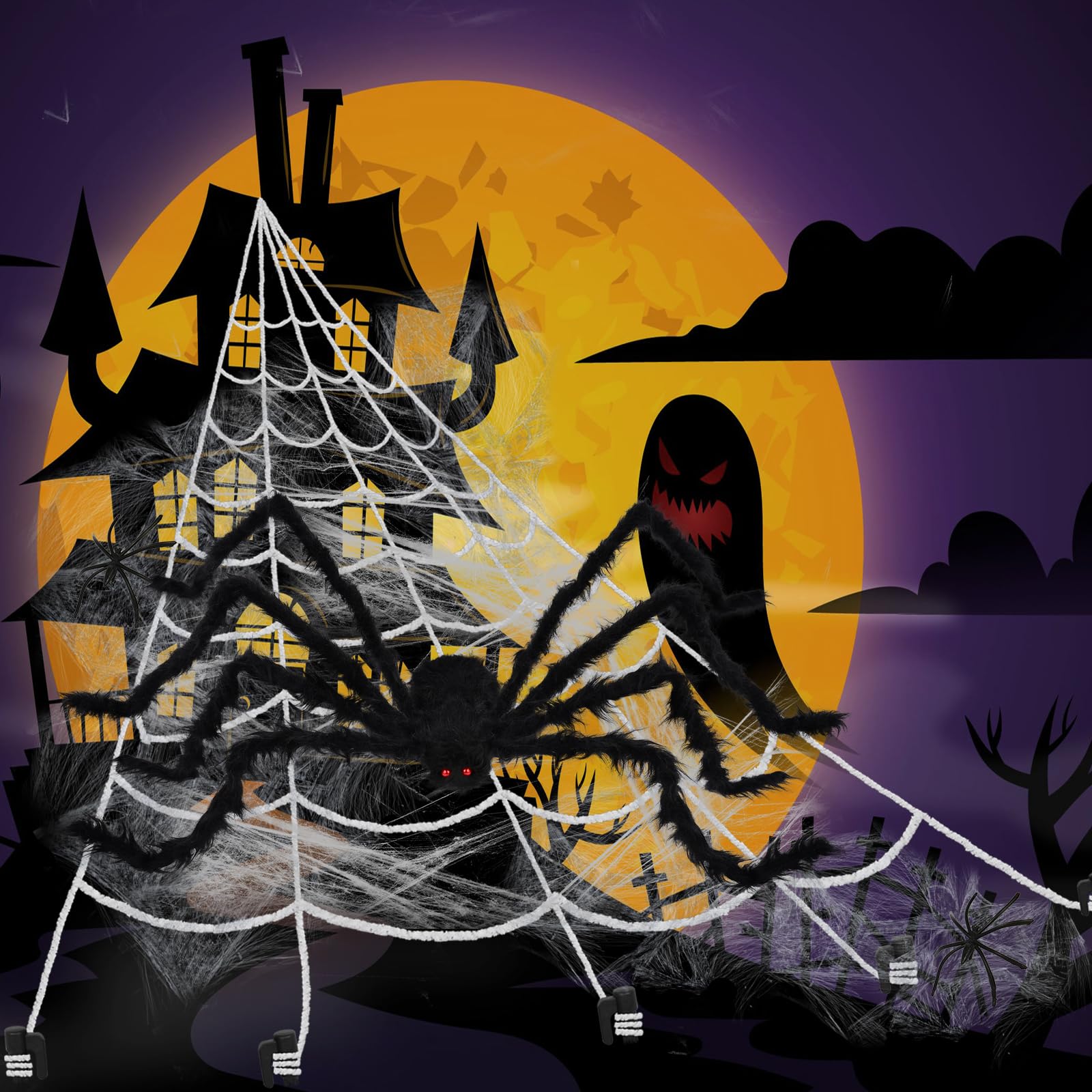 Giant Halloween Spider Web Decoration Set – 59" Hairy Spider + 200"x188" Triangular Web with Hooks & Stakes (Black & White)