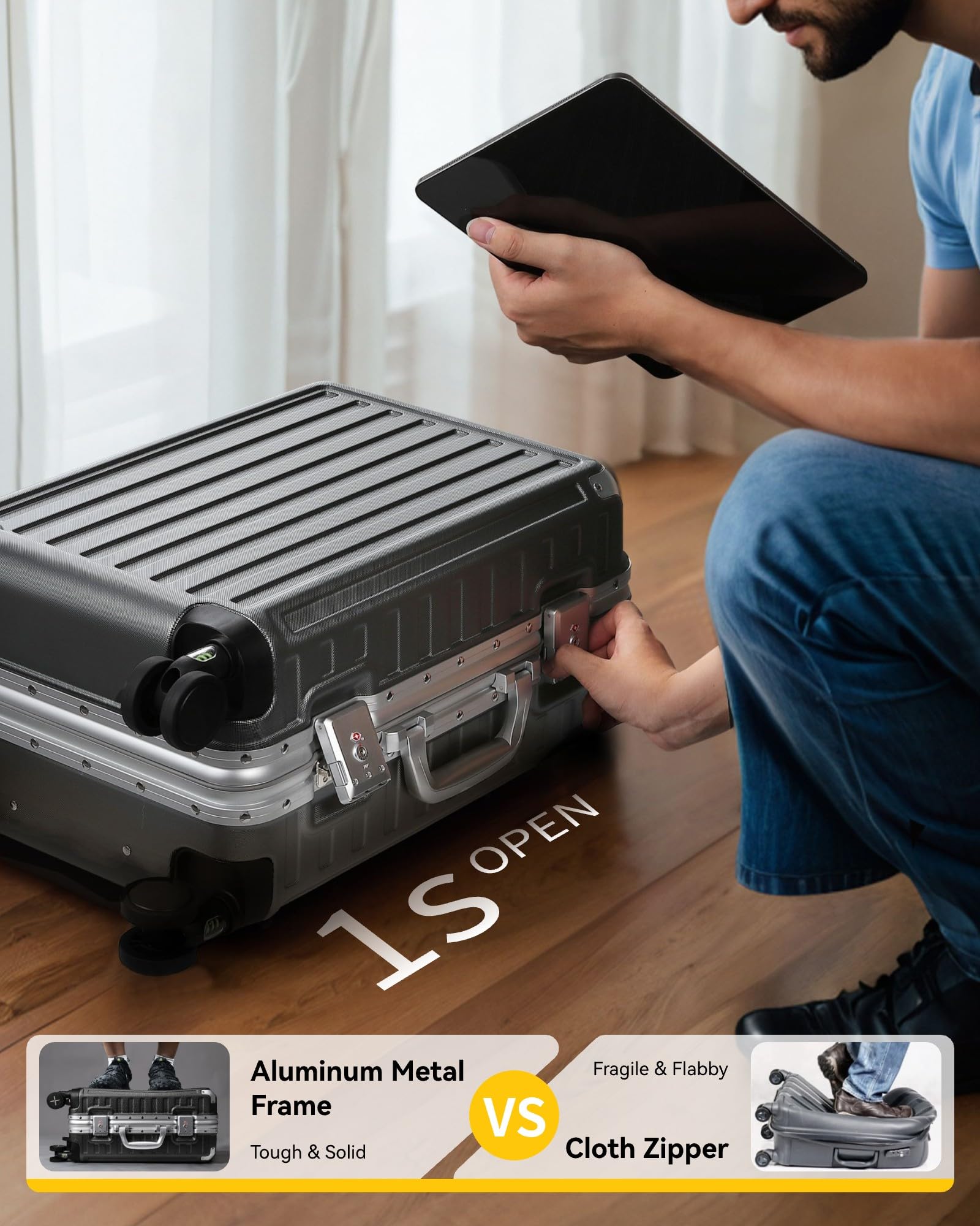 LUGGEX 28” Checked Suitcase, Zipperless Polycarbonate Hard Shell with Aluminum Frame & TSA Latches (Charcoal Metallic)