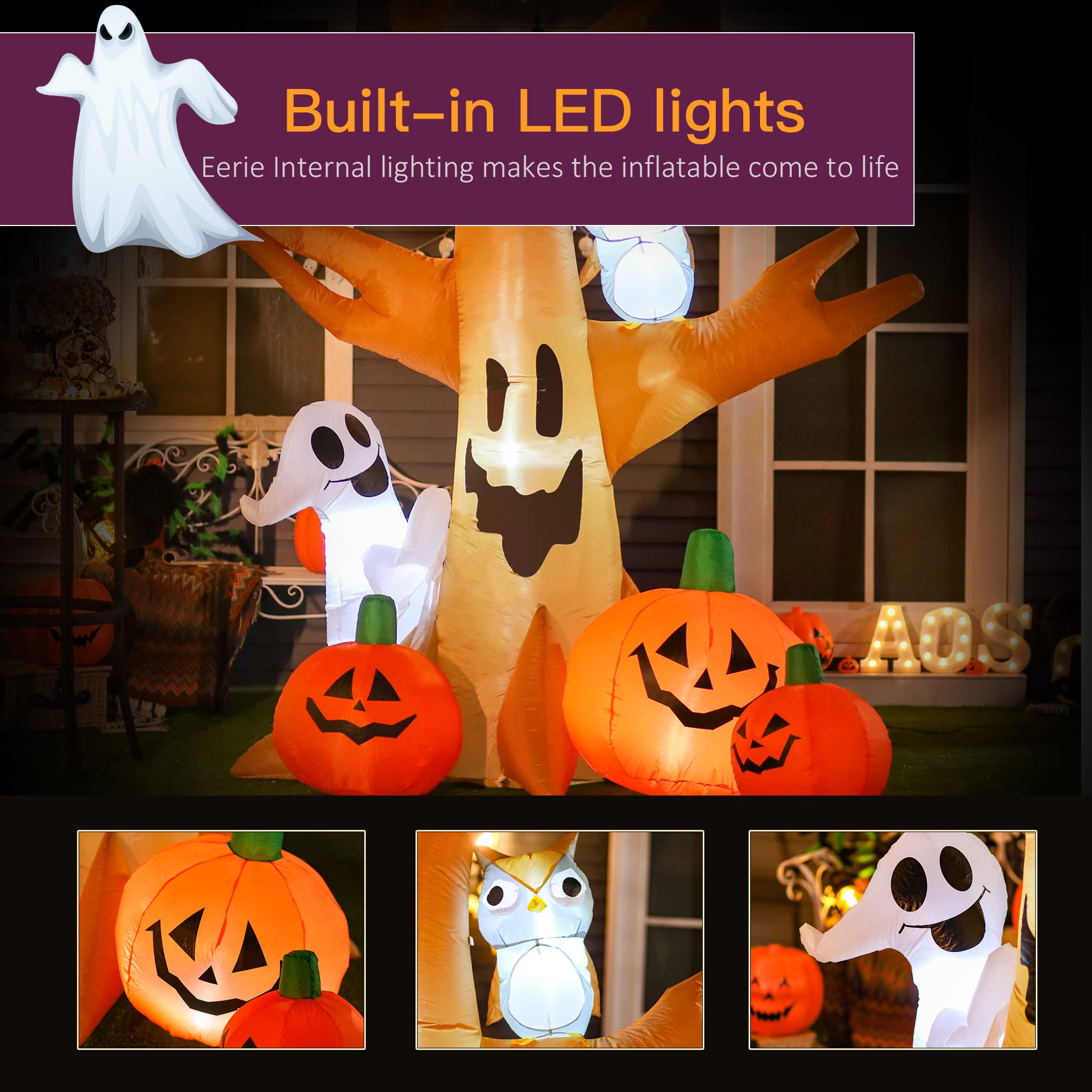 7.5FT Inflatable Halloween Tree with Ghost, Owl & Pumpkins – Lighted Outdoor Yard Decoration with LED Lights, Stakes & Sandbags