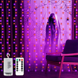 Purple & Orange Halloween Curtain Lights – 300 LED Battery-Operated String Lights with Remote Control (9.8ft x 9.8ft, Indoor/Outdoor)