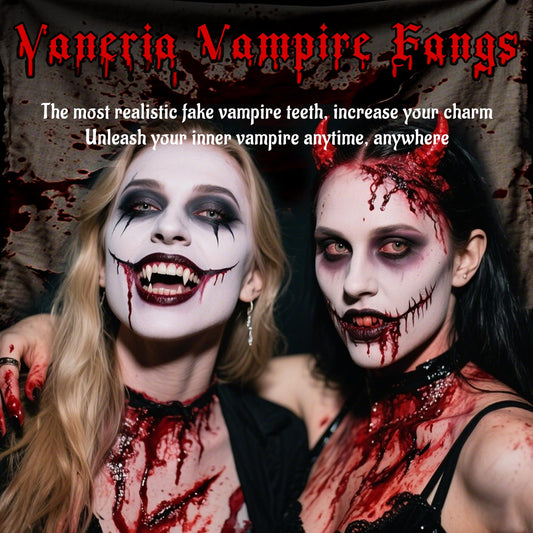 Vampire Fangs Set with Coffin Box – 4 Sizes Realistic White Fake Teeth with Adhesive (13mm–19mm)