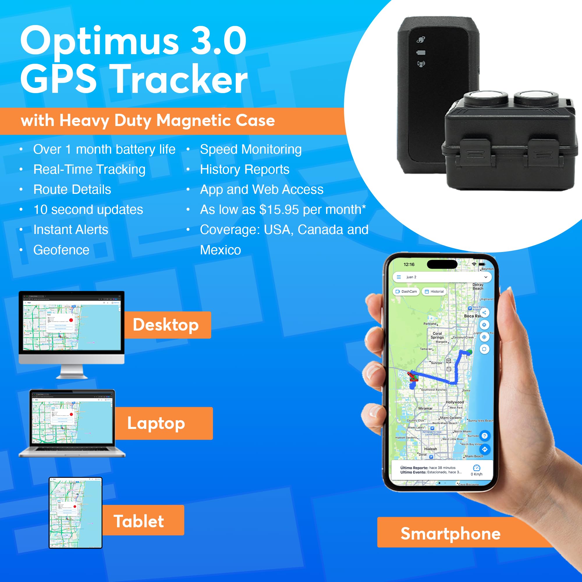 Optimus 3.0 Real-Time GPS Tracker with Magnetic Waterproof Case, 2-Month Battery & Live Vehicle Tracking – Black