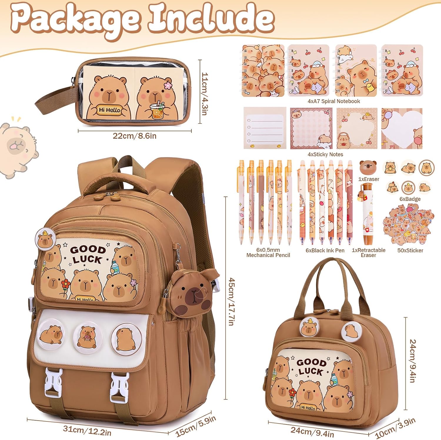 Brown Capybara 30-Piece Backpack and School Set