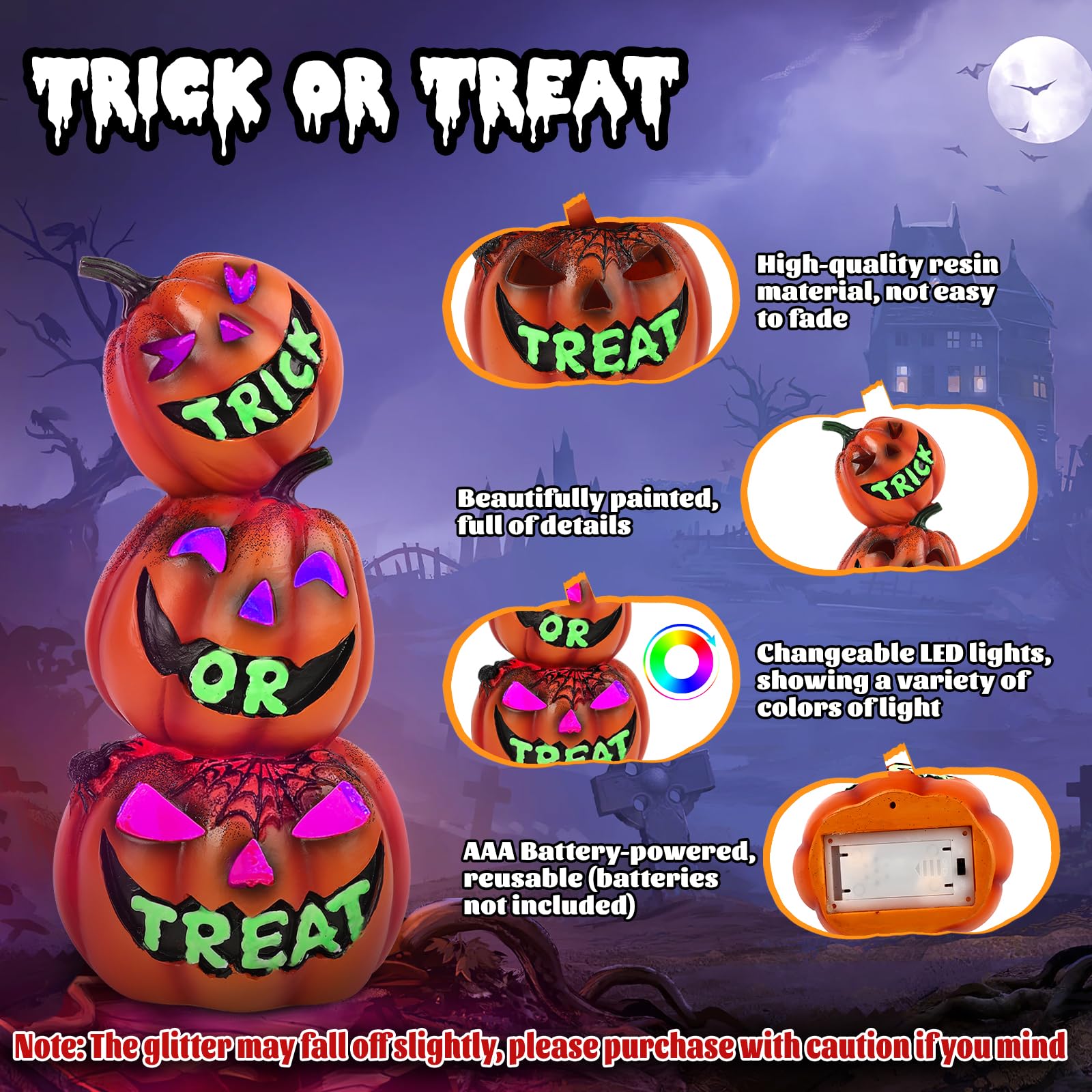 Trick or Treat Pumpkin Lantern – Color-Changing LED Jack-O’-Lantern Stack Light, Battery Operated Halloween Decoration (Resin Design)