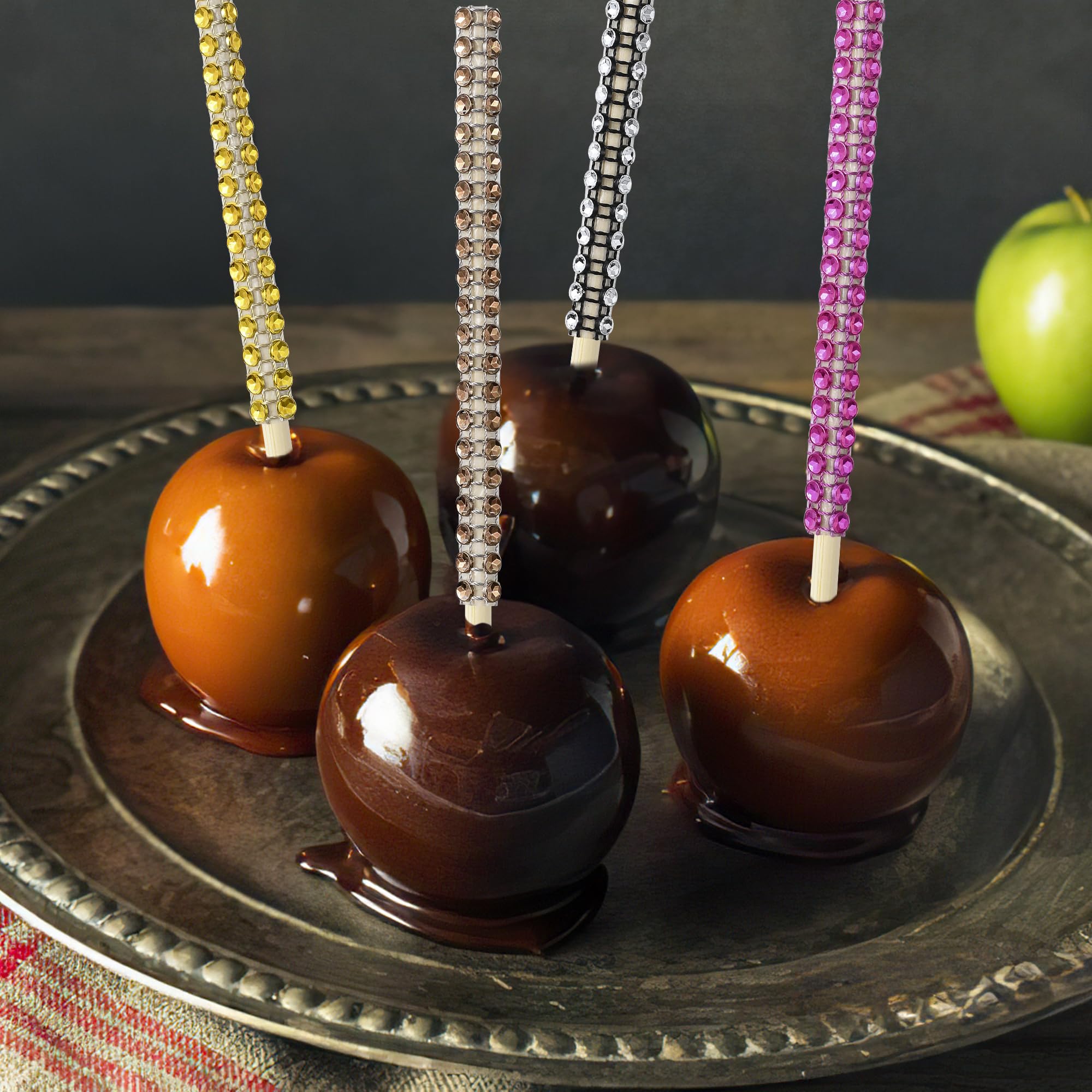 Luxury Candy Apple Stick Kit – 24 Rhinestone Sticks, 24 Bags, Silver Ribbon & Scissors – Black + Silver Caramel Apple Decorating Set