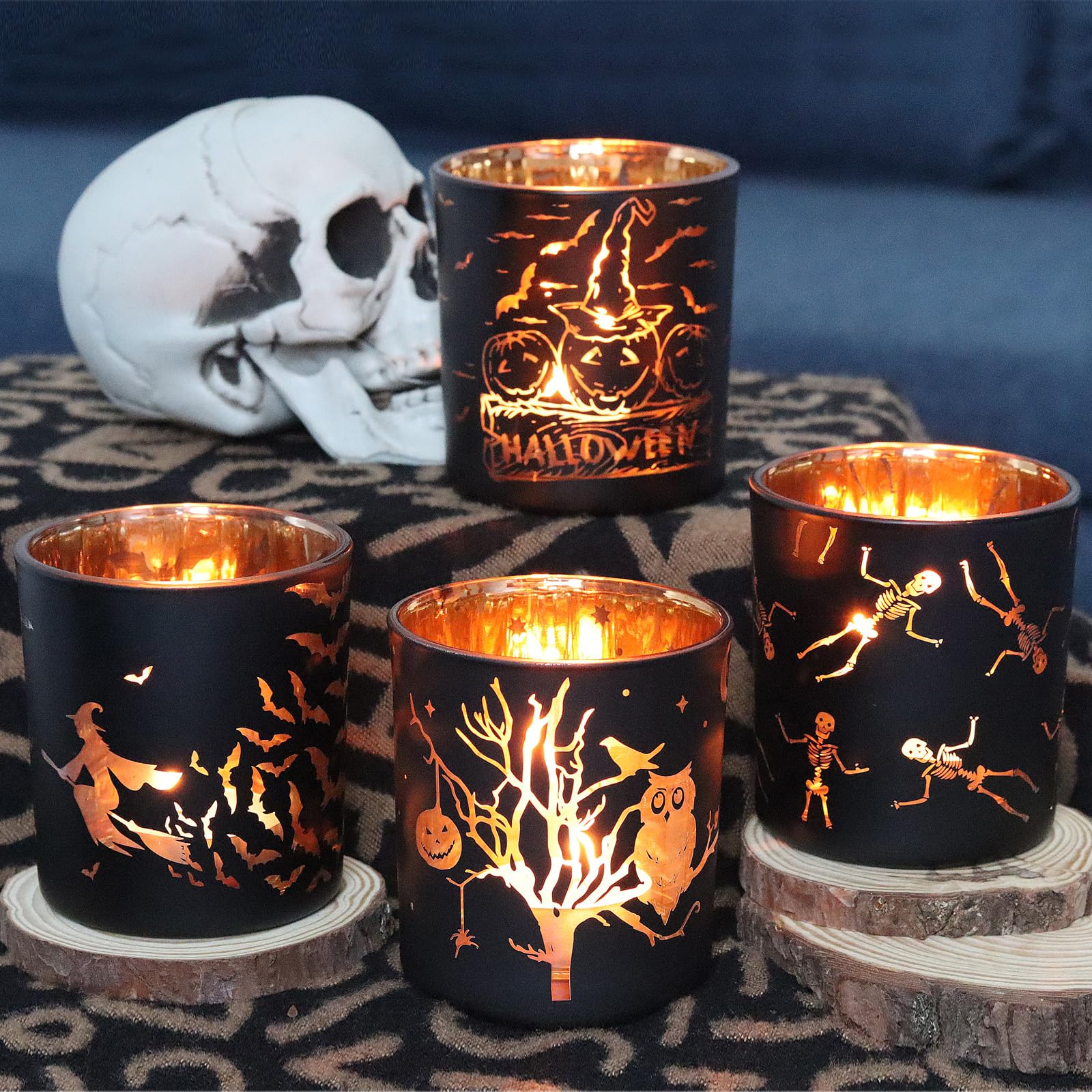 Black & Gold Halloween Candle Holders – 4PCS Laser-Engraved Glass Votive Set with Witches & Pumpkins