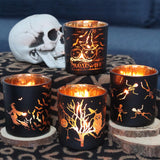 Black & Gold Halloween Candle Holders – 4PCS Laser-Engraved Glass Votive Set with Witches & Pumpkins