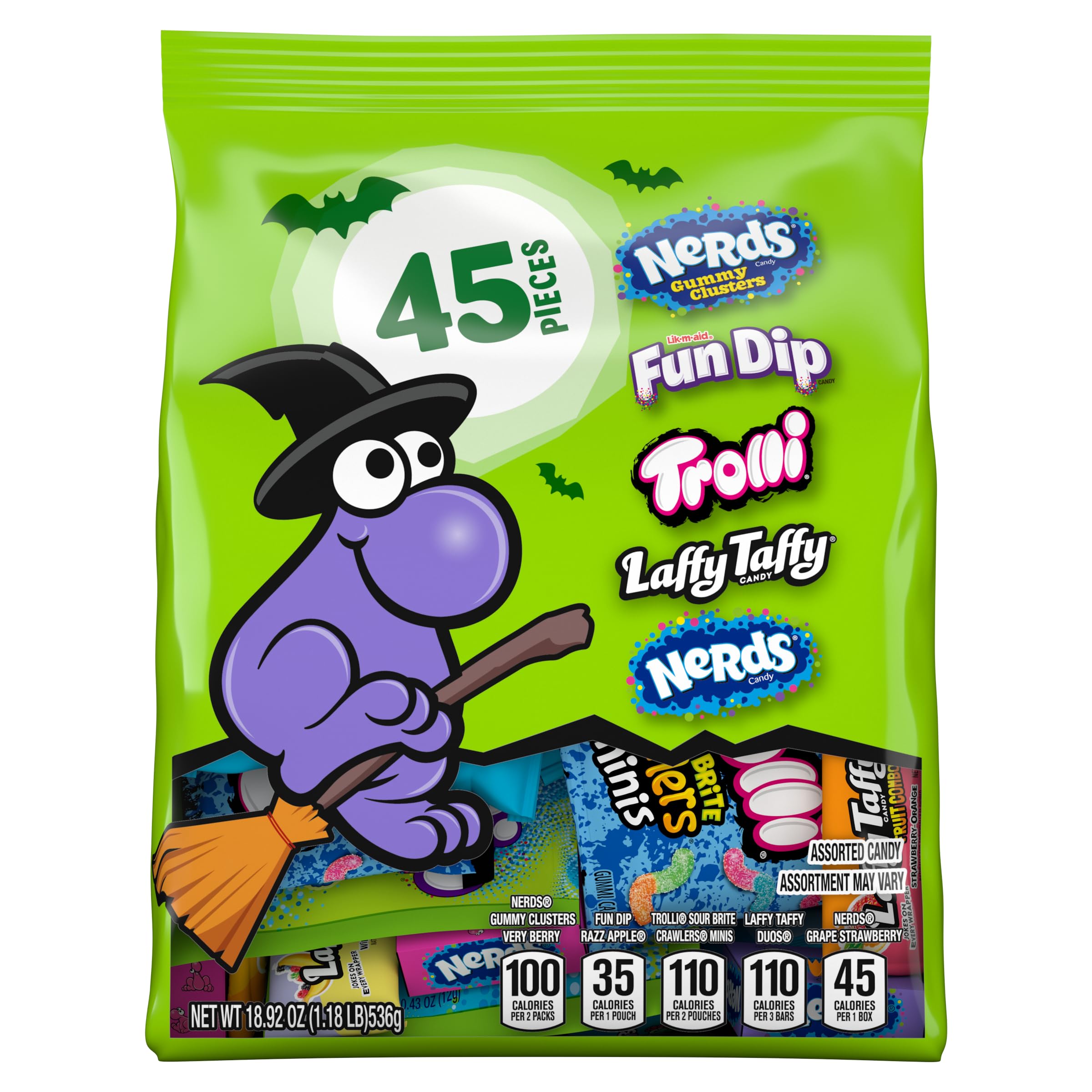 Halloween Candy Variety Pack – 45 Count Assorted Favorites (NERDS, Fun Dip, Trolli, Laffy Taffy & More) – Individually Wrapped Treats