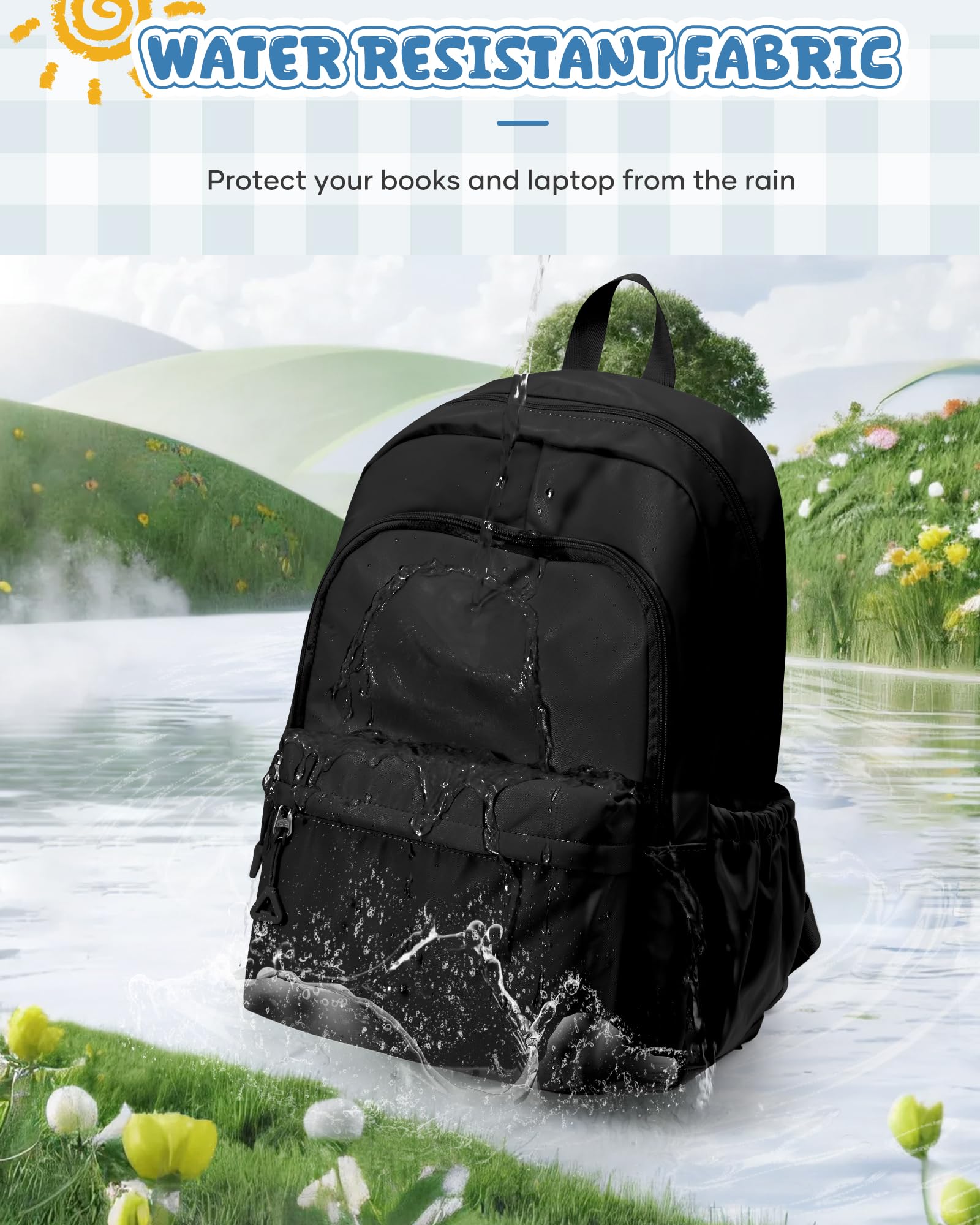WINSPANSY Lightweight School Backpack for Teens & Adults – Water-Resistant Daypack with 14” Laptop Compartment (Black)