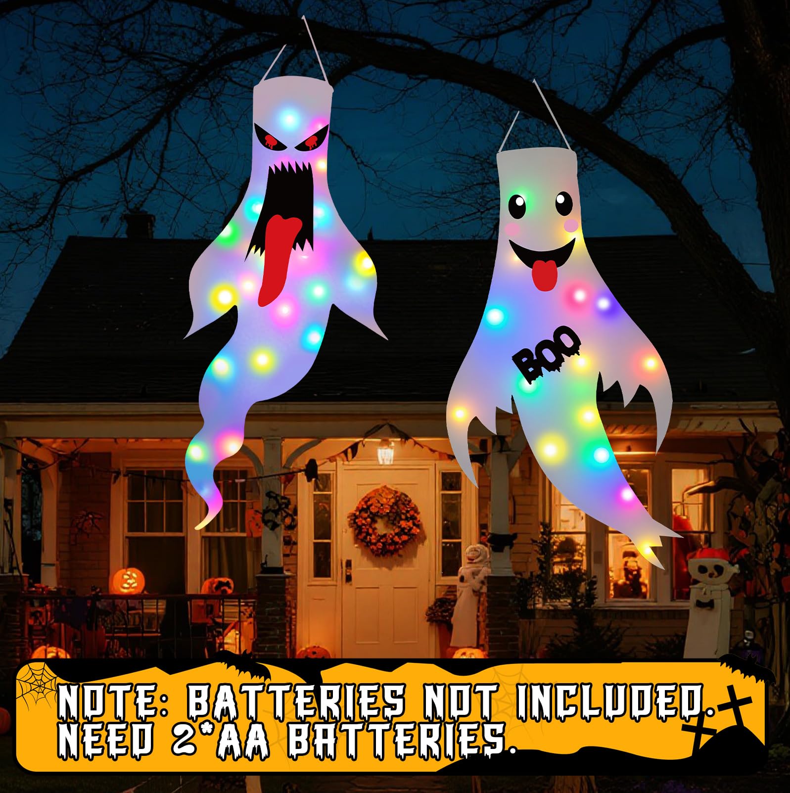 2-Pack Light-Up Hanging Ghosts – Large Outdoor Halloween Decorations with LED Lights (47 Inches, 1A-2Pack)