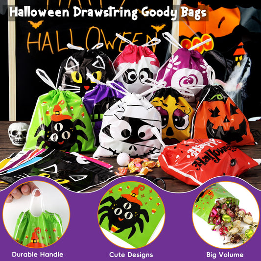 96-Pack Halloween Drawstring Candy Bags – 12 Cute Designs, Durable 6x6" Trick-or-Treat Goodie Bags for Kids & Parties