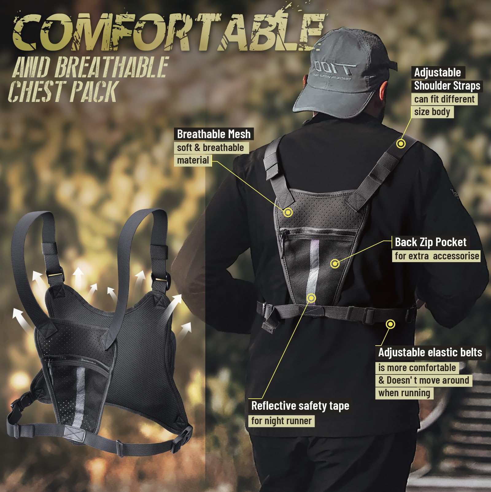 Tactical Chest Pack Rig for Men & Women – Adjustable Running & Outdoor EDC Vest (Black)
