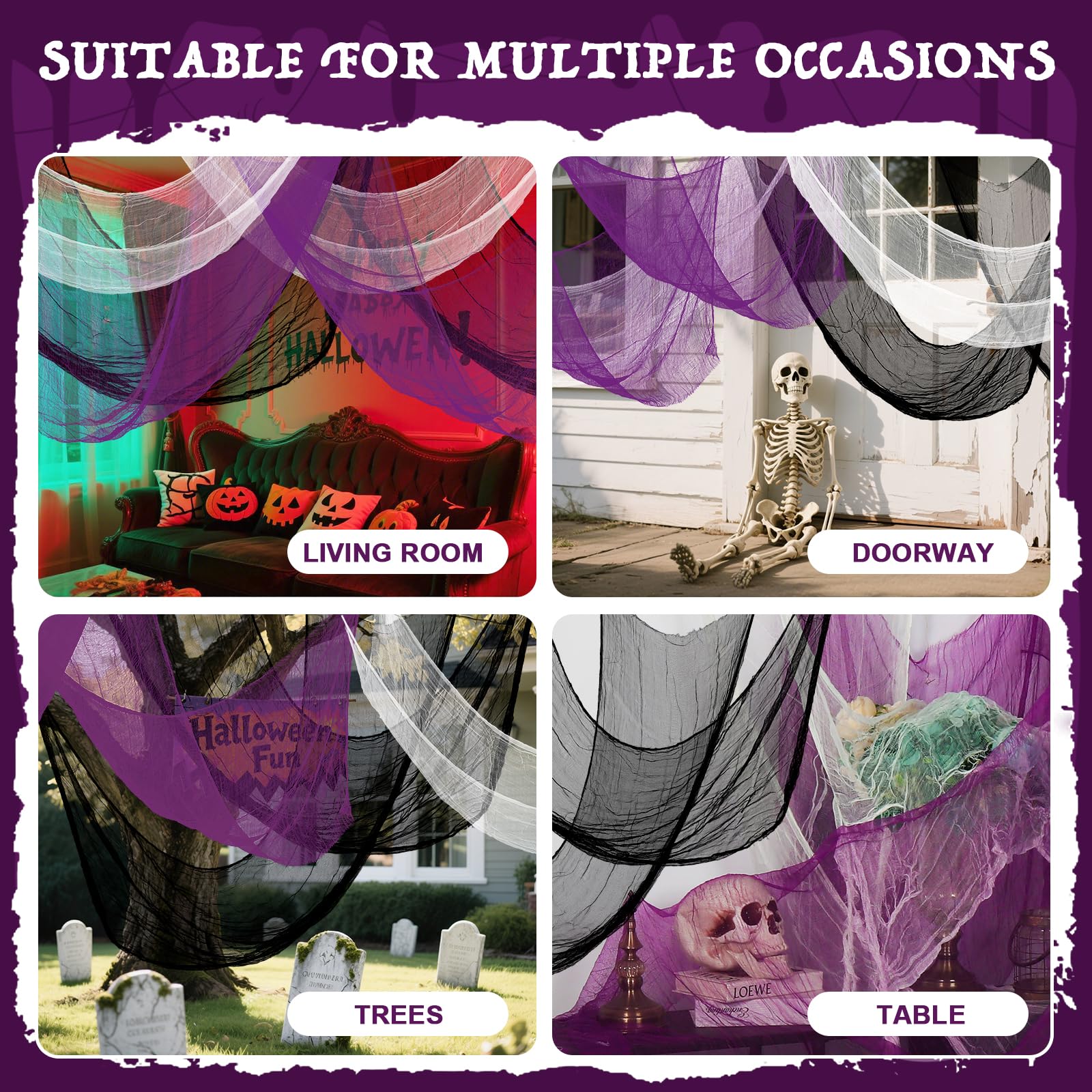 Halloween Creepy Cloth Set – 8 Pack Stretchable Gauze Fabric in Black, White & Purple for DIY Haunted Decorations (30x70 Inches Each)